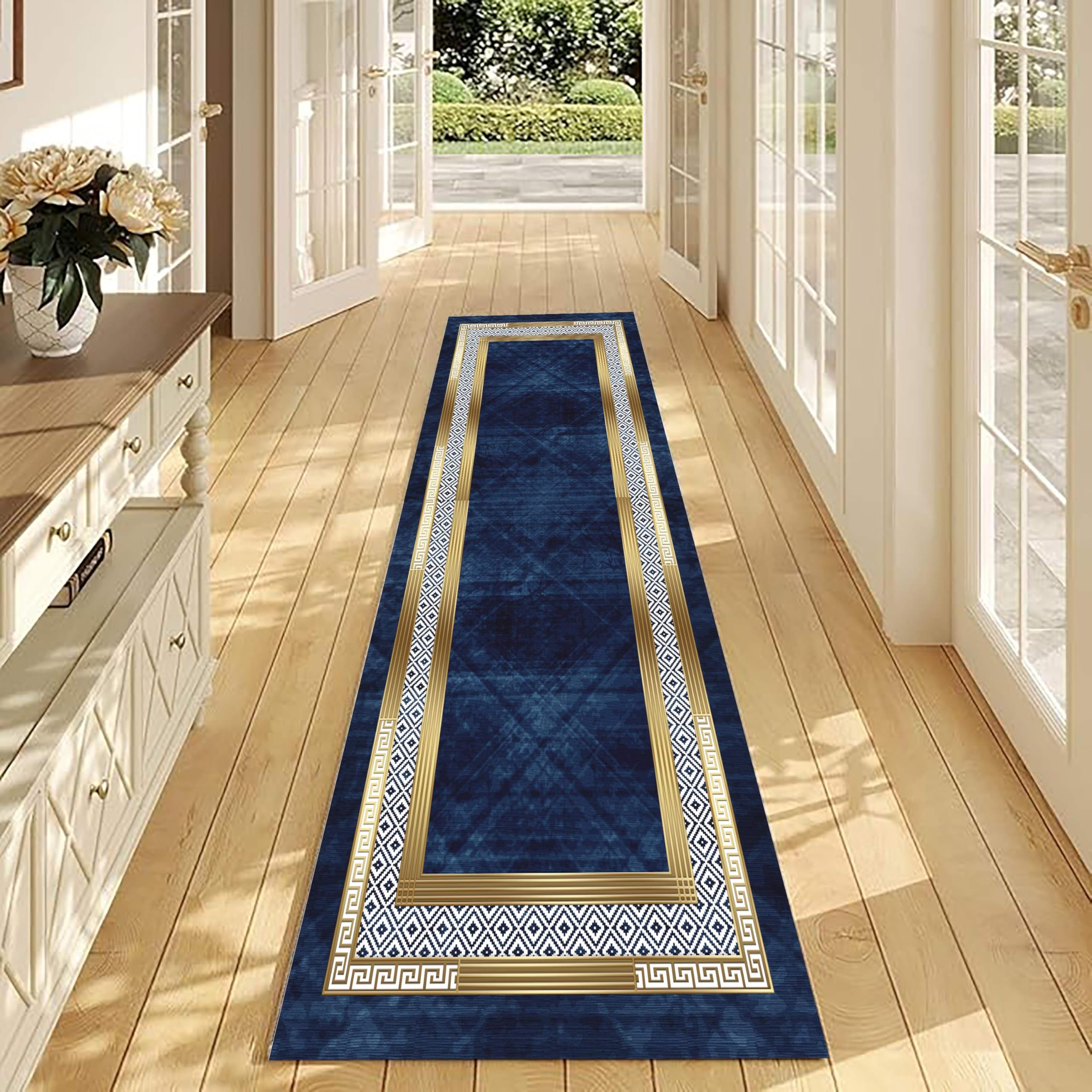 USHIRUG Modern Abstract Runner Rug,50x150cm, Navy Geometric Style Rugs Hallway Runner Washable Area Rugs for Bedroom Living Room – Non Slip Modern Printed Carpets for Lounge Bedroom Bedside