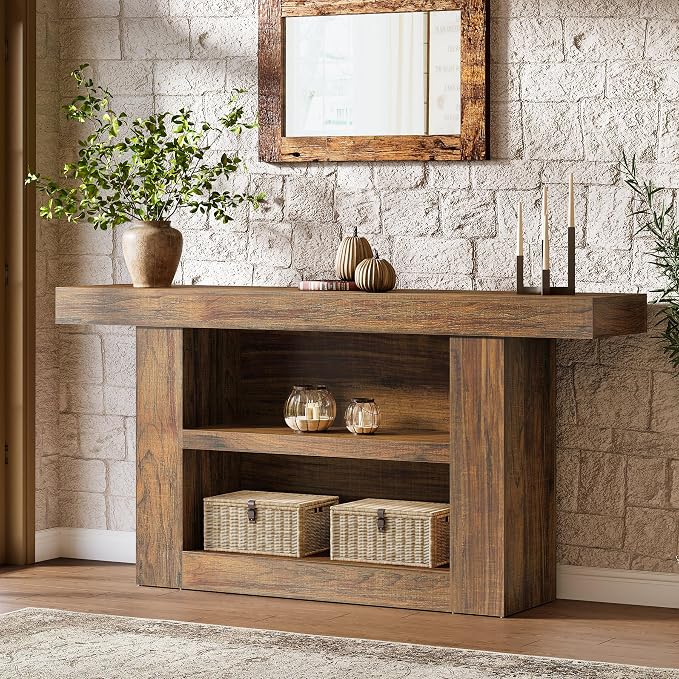 Tribesigns 63-Inch Console Table with Storage, 3-Tier Farmhouse Entryway Table with U-Shaped Base, Wooden Sofa Table Behind The Couch for Entrance, Hallway, Living Room Foyer, Brown