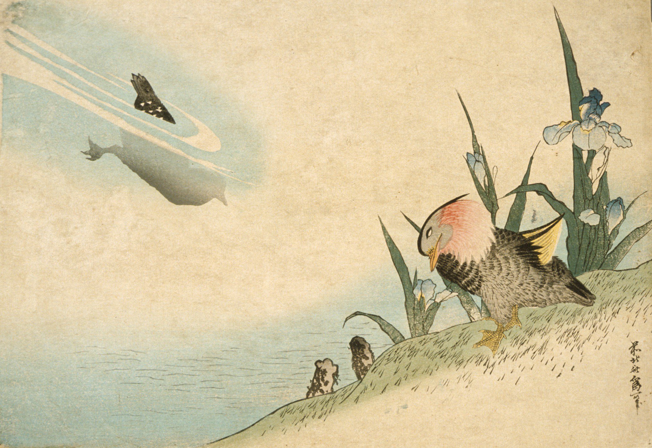 Cuadro Hokusai Mandarin Ducks en papel mate de archivo con marco negro