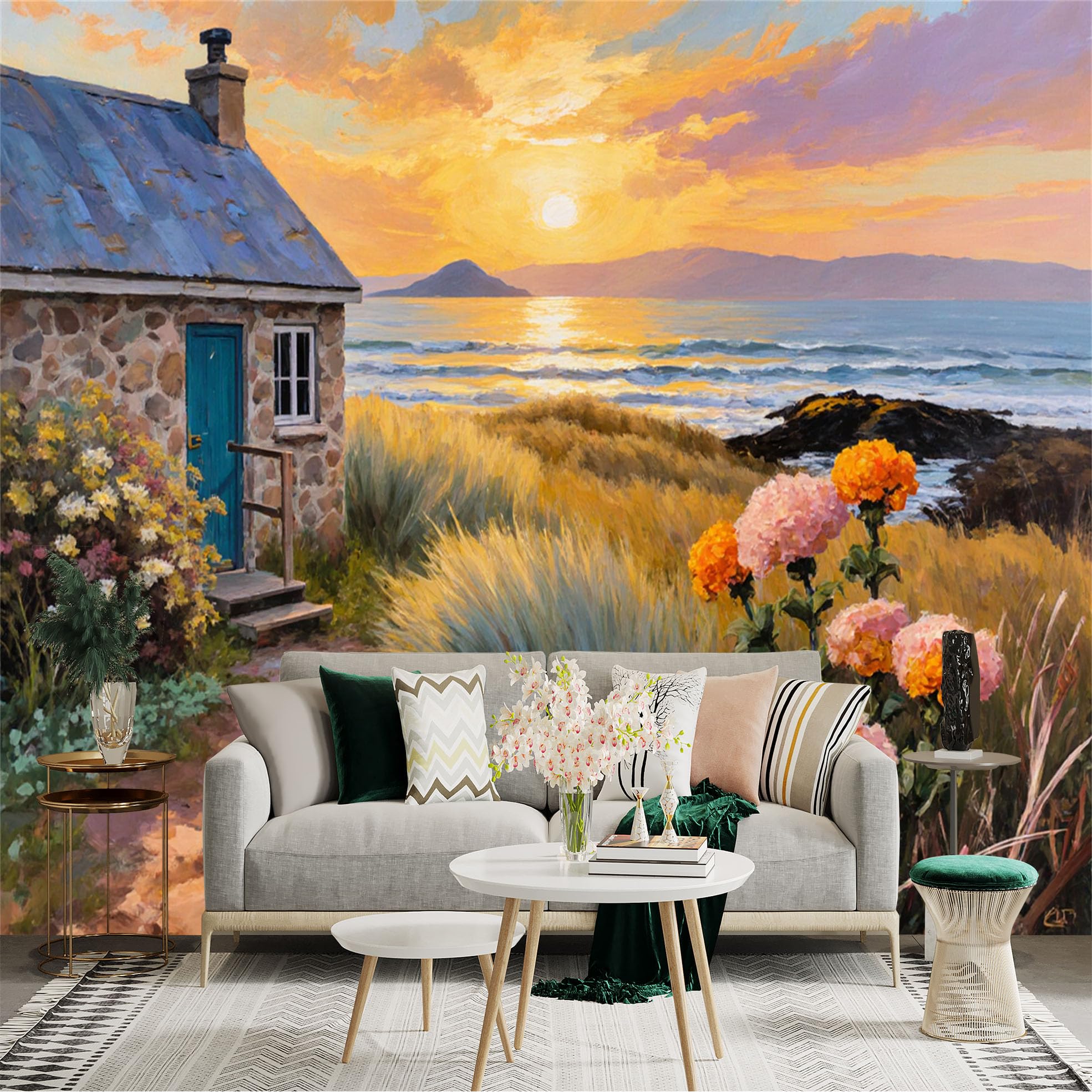 Custom Size Wall Sticker Mural， Coastal Cottage with Sunset Ocean View and Blooming Flowers， for wall Decoration， peelandstick wall Decals.