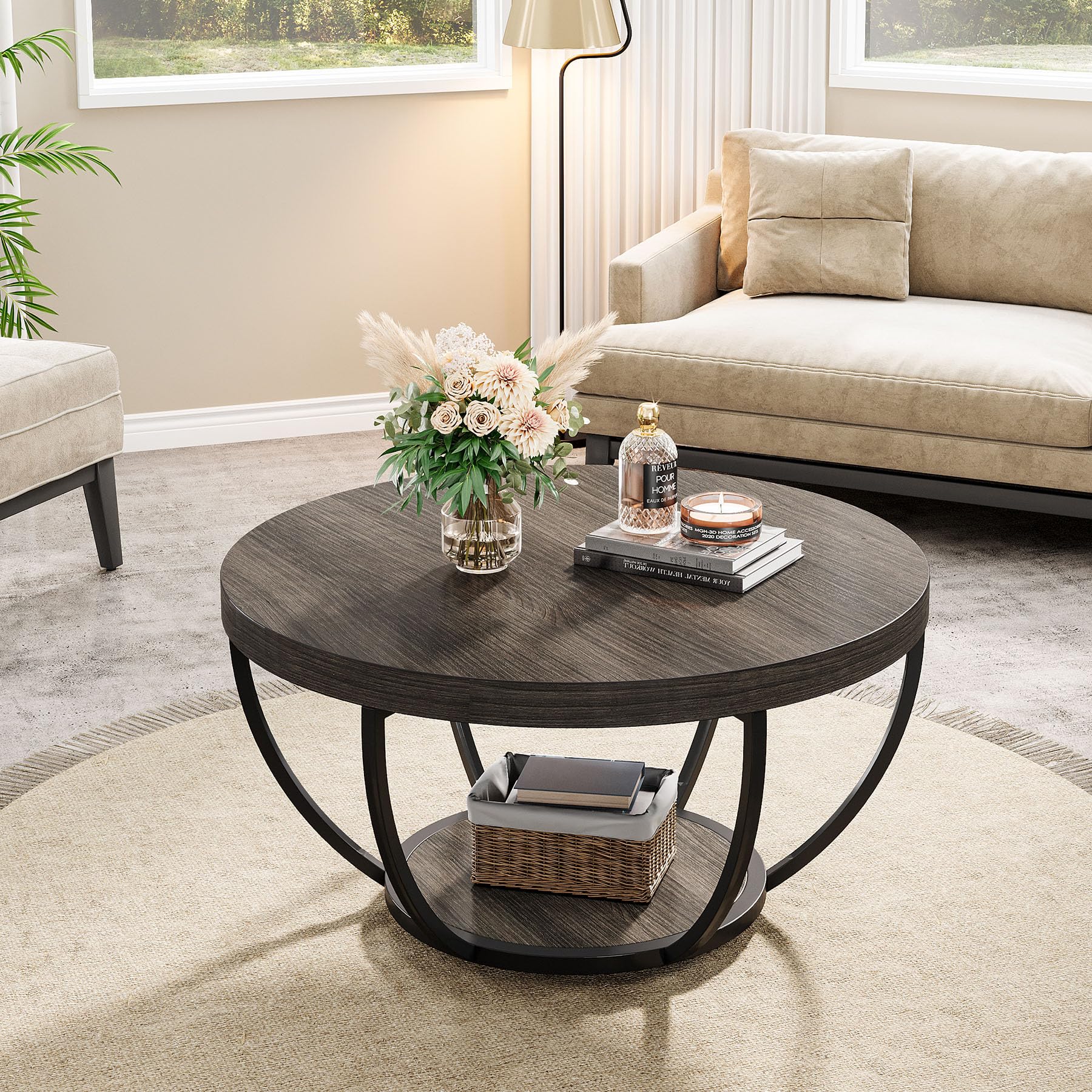 Tribesigns Mesa de Centro Redonda, 80 cm Mesa de Café Industrial Circular de 2 Niveles, Mesita Baja Sofá, Mesa Central Moderna de Madera para sofá, Mesa Auxiliar para Sala de Estar, Gris