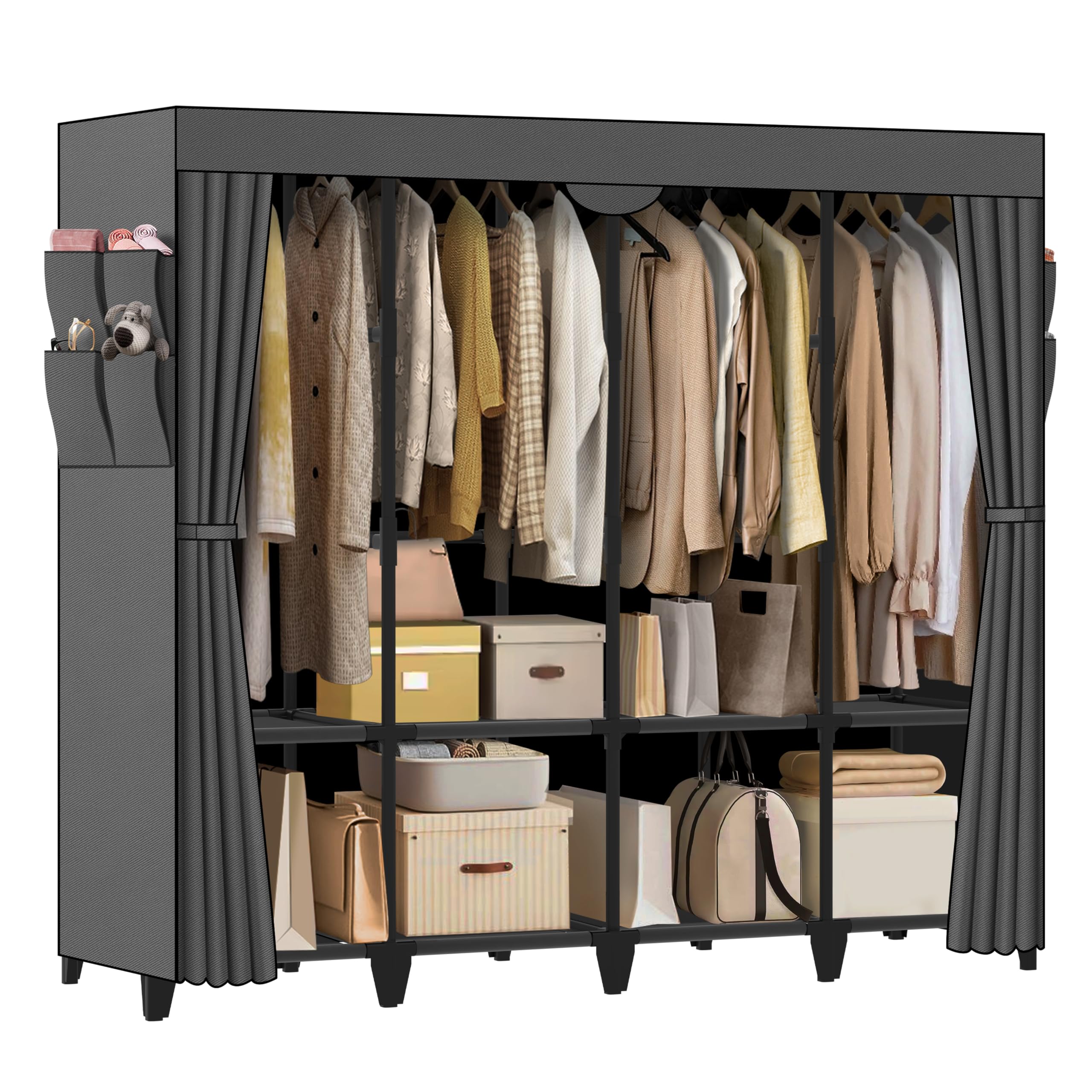 wardrobe closet, quick and easy assembly, gray large capacity portable closet with 4 hanging rods 8 storage shelves and 8 side pockets, clothes rack with cover, for bedroom and living room