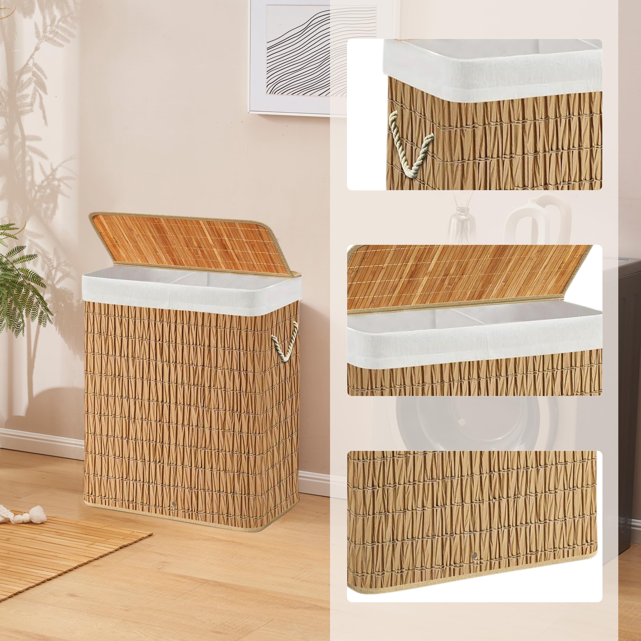 Wäschekorb 2 Fächer FALSTER XL R, 100 L Wäschesammler mit Deckel, Wäschebox Rattan mit Griffen, praktische Faltfunktion, Braun