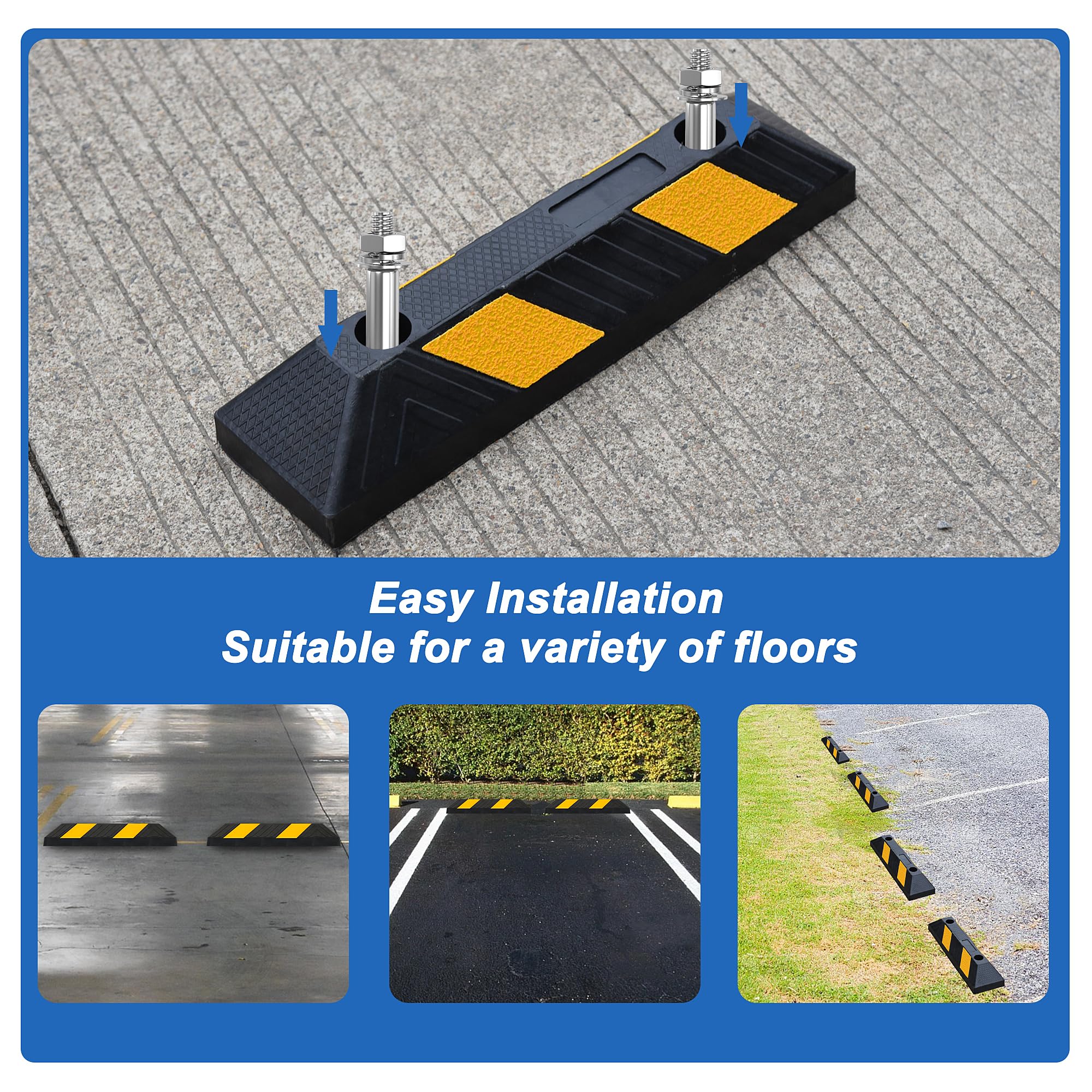 Lot de 4 bordures de parking avec bandes réfléchissantes jaunes, caoutchouc dur, dimensions : 55 x 15 x 10 cm, limite de place de stationnement, aide au stationnement pour montage au sol