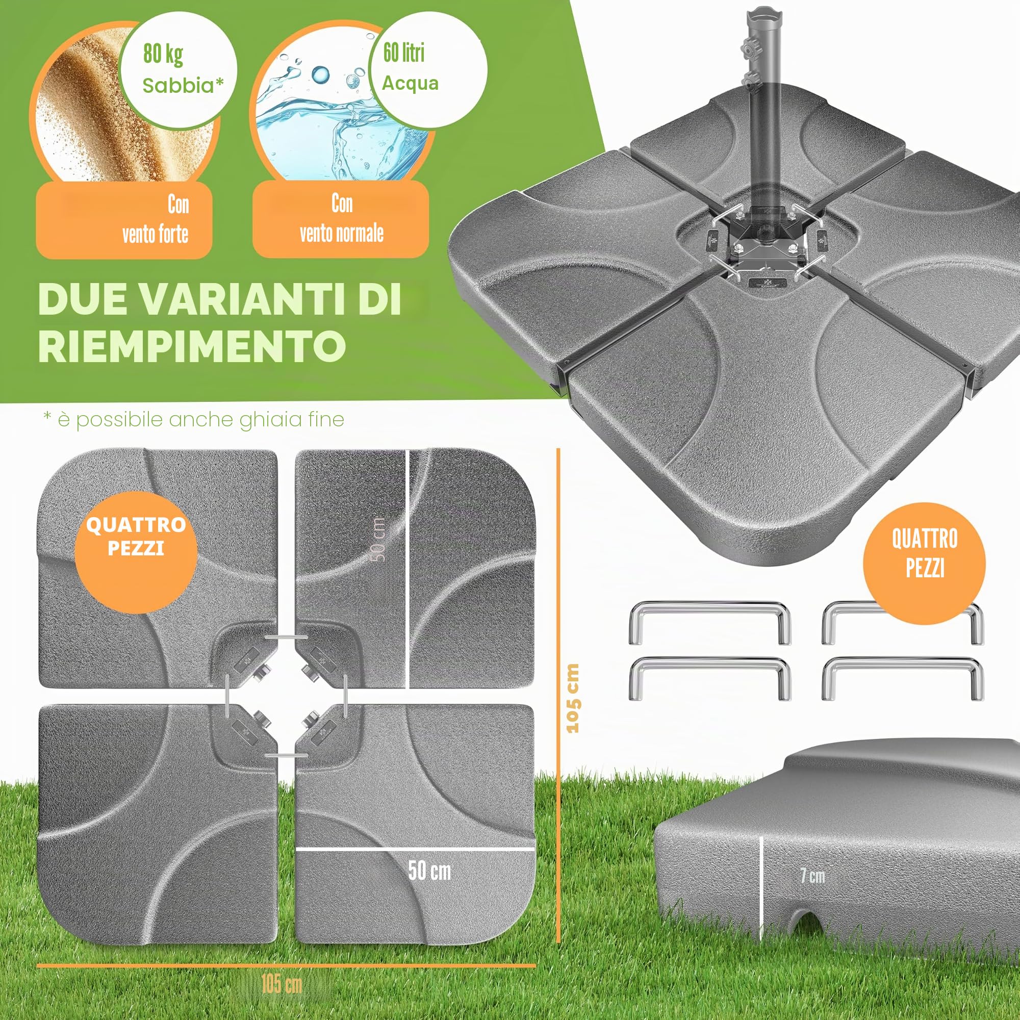 KESSER® Supporto per ombrellone Peso per ombrellone in 4 Parti Supporto per ombrellone per ombrellone a sbalzo Croce a Terra 60 Litri / 80 kg può Essere Riempito con Acqua o Sabbia