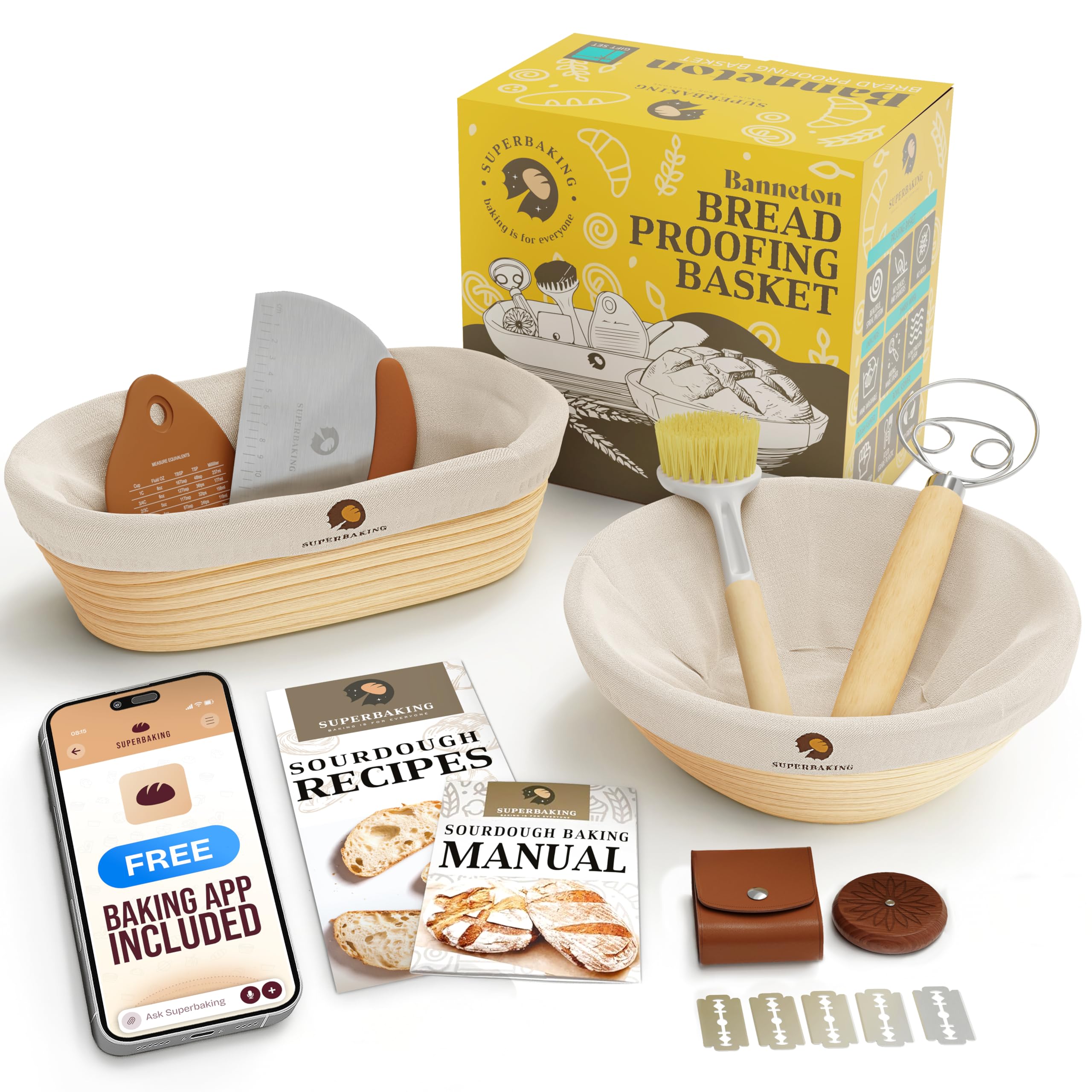 Superbaking Sourdough Proofing Basket Gift Set, Round 9" & Oval 10" Banneton, Sourdough Starter Kit, Sourdough Banneton Basket, Banneton Bread Proofing Basket Set of 2, Sourdough Bread Baking Supplies