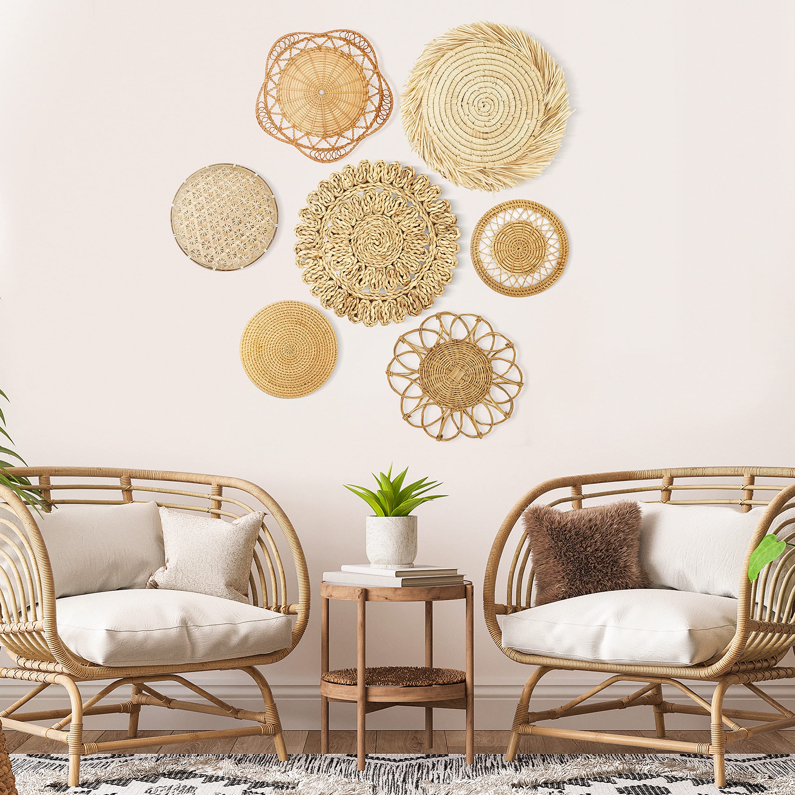 Set van 7 Boho Muur Mand Decor - Zeegras Rotan Rieten Muur Decor Ronde Handgemaakte Hangende Rustieke Platte Elegante Wall Art voor Boerderij Woonkamers Slaapkamers Display Tafel Instellingen Keuken