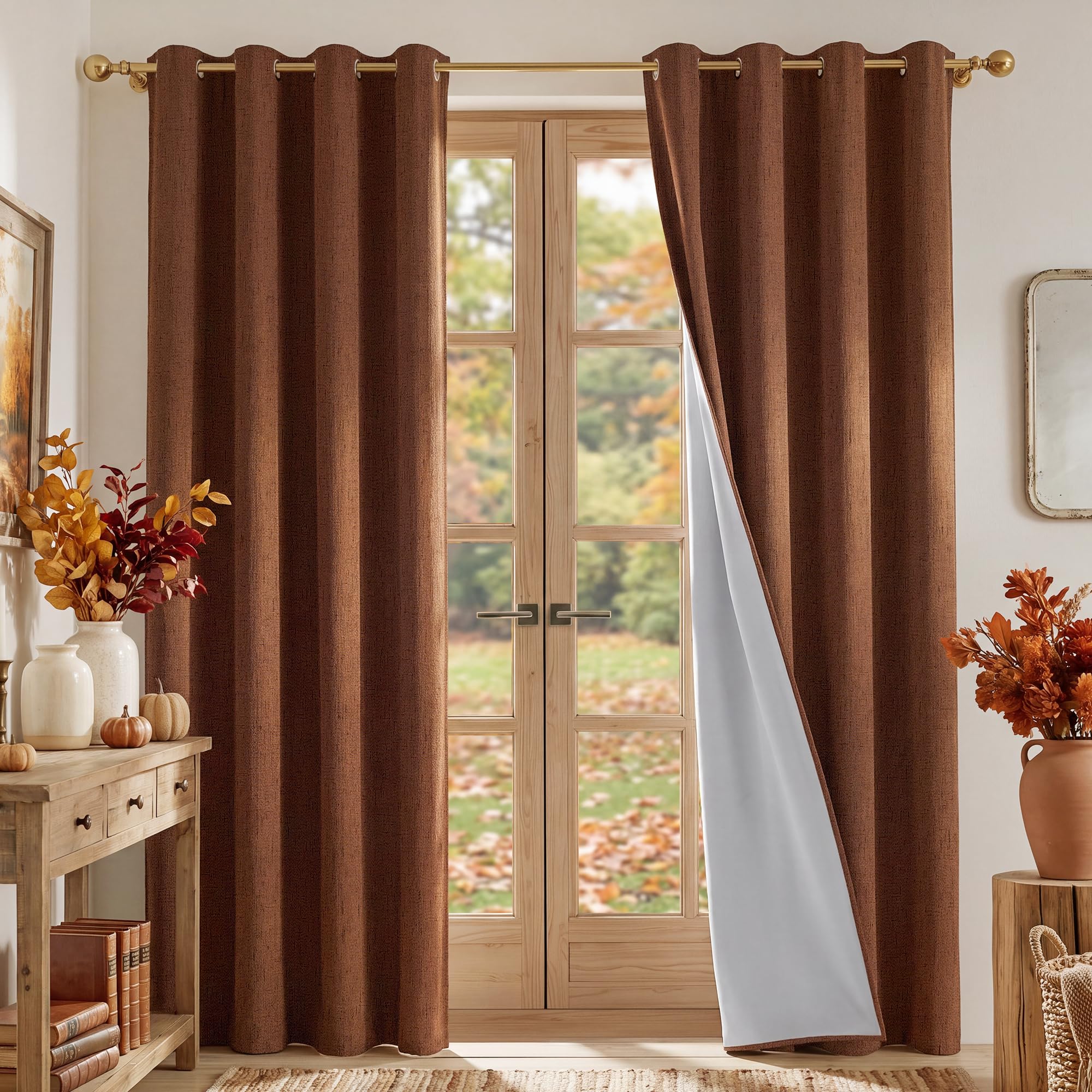 NICETOWN 100% Blackout Linen Caramel Thermal Curtains, W52xL84, 2 Panels