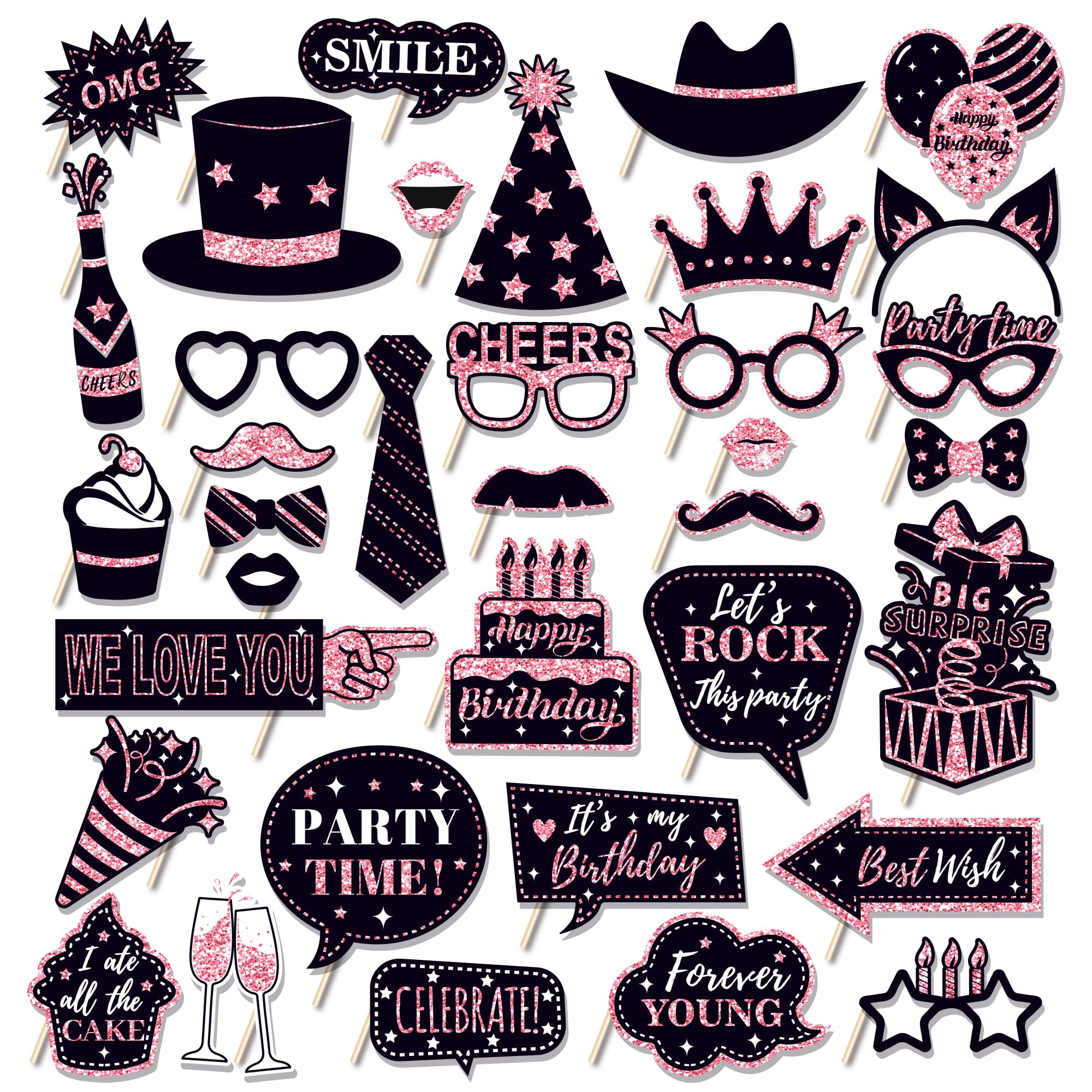 36 PCS Birthday Photo Booth Props Party Supplies Holiday Picture Decorations Photo Booth Props for Birthday Party Favors Pose Sign Kit Fun for Party (