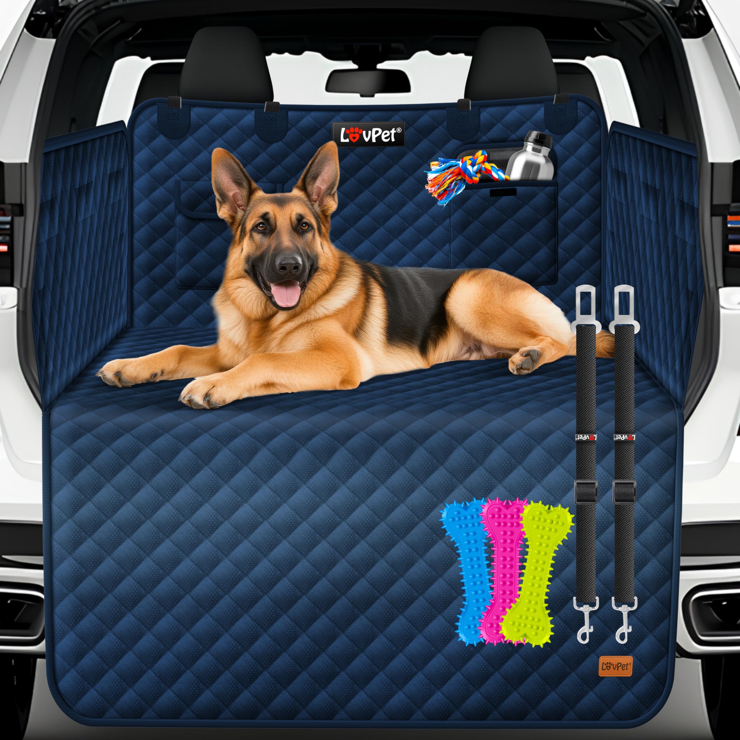 Lovpet® Protezione del bagagliaio dell'auto per cani trapuntata con cintura di sicurezza, con protezione laterale e del bordo di carico | Tappetino universale di protezione del bagagliaio dell'auto