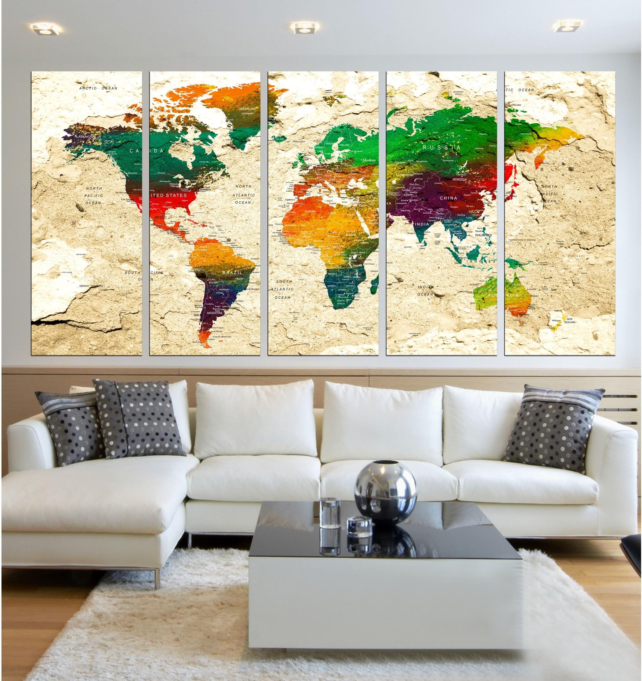 large World Map print push pin map wall art canvas print set multi panels 5 pieces, world map print wall decal for kids room, framed, large abstract wall art print hr91