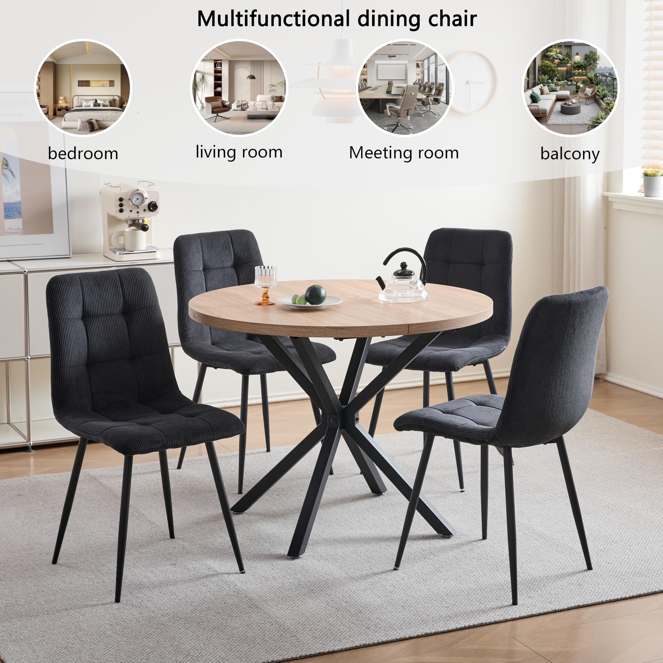 Set di 6 Sedie da Pranzo Nordiche, Sedie da Cucina in Velluto a Coste, Gambe in Metallo Nero, Seduta e Schienale in Spugna ad Alta Densità, Adatte per Soggiorno, Cucina - Nero
