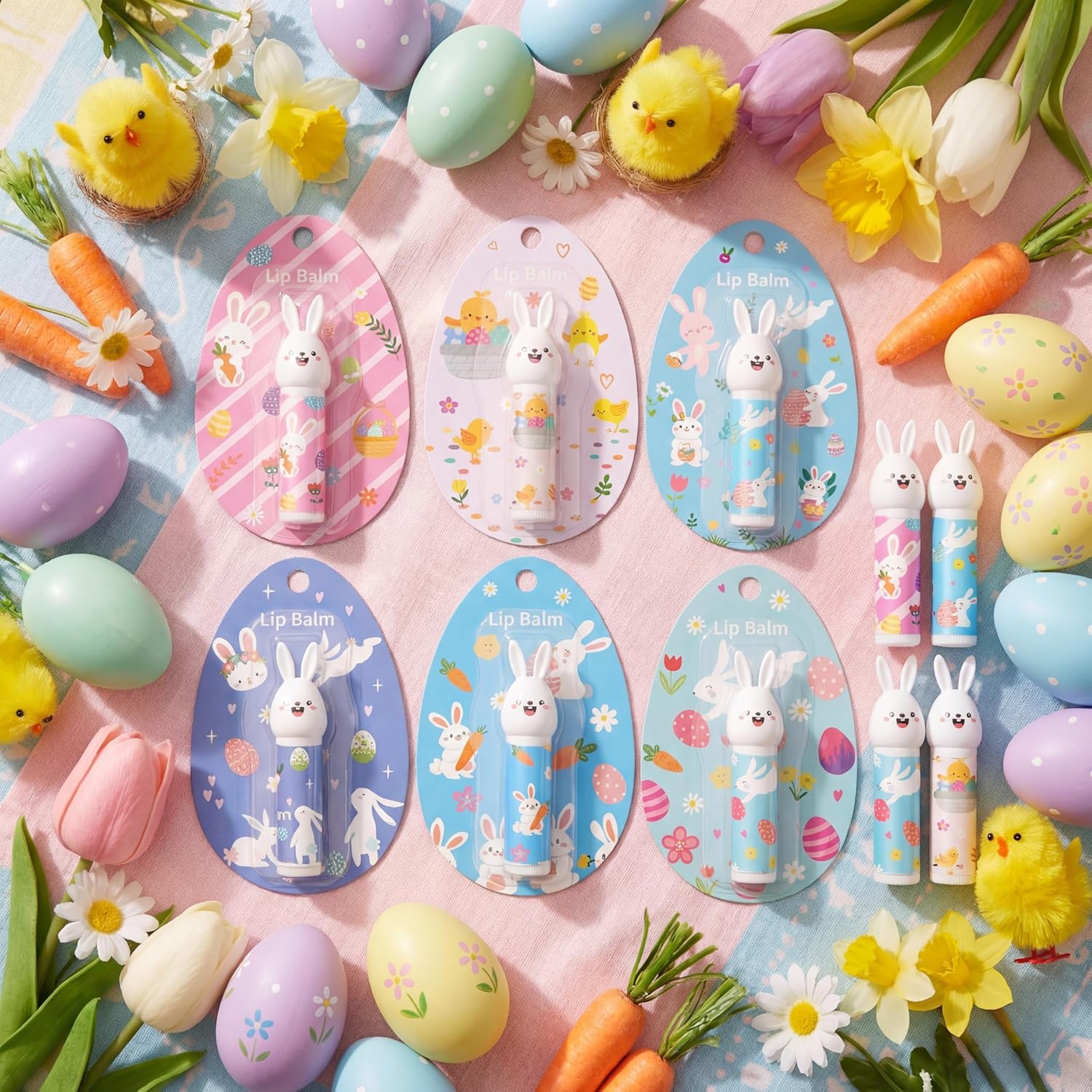 Loopeer 48 Pcs Easter Basket Stuffers Bunny Lip Balm Gifts Bulk Easter Egg Goodie Bag Fillers Spring Christian Church Party Favors for Adult Women Teacher Coworker Beeswax Moisturizing Lip Care