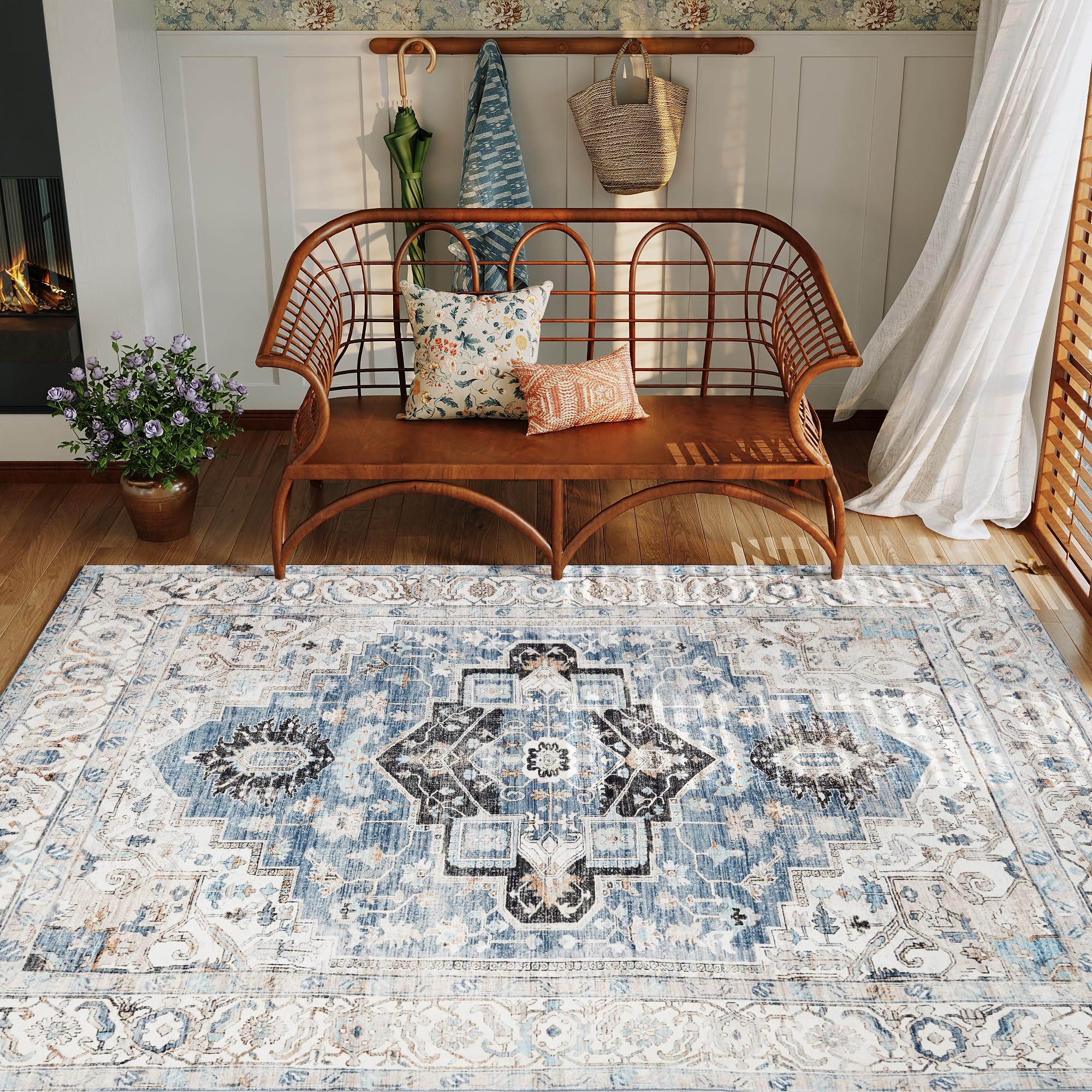 PureCozy Area Rug 6x9 Washable Rug Blue Living Room Rug