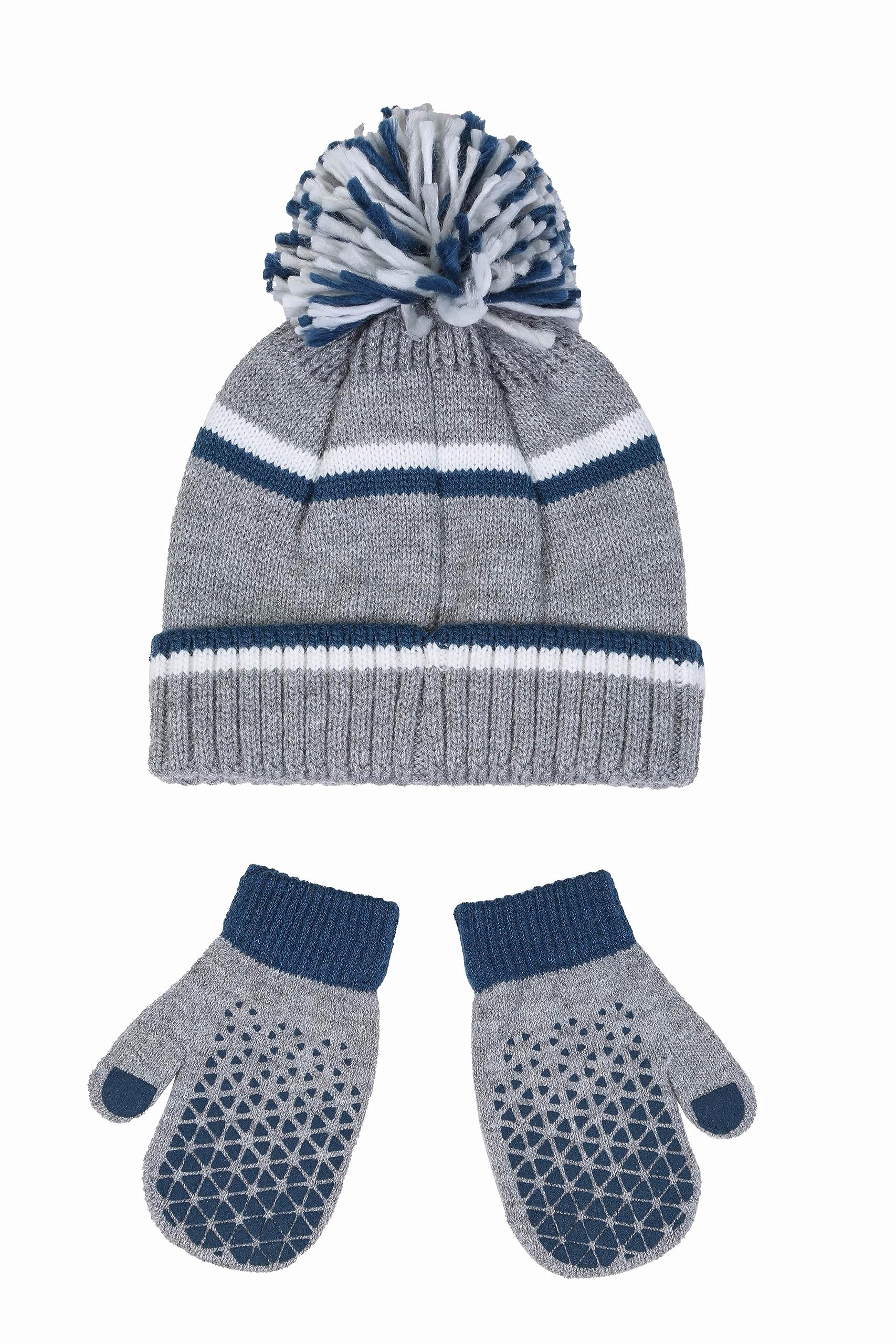 Reebok 2-Piece Baby Winter Hat and Gripped Mittens - Warm Knitted Pom Beanie & Anti-Slip Gloves - Unisex Cold Weather Accessories, Multi/6-12 Months