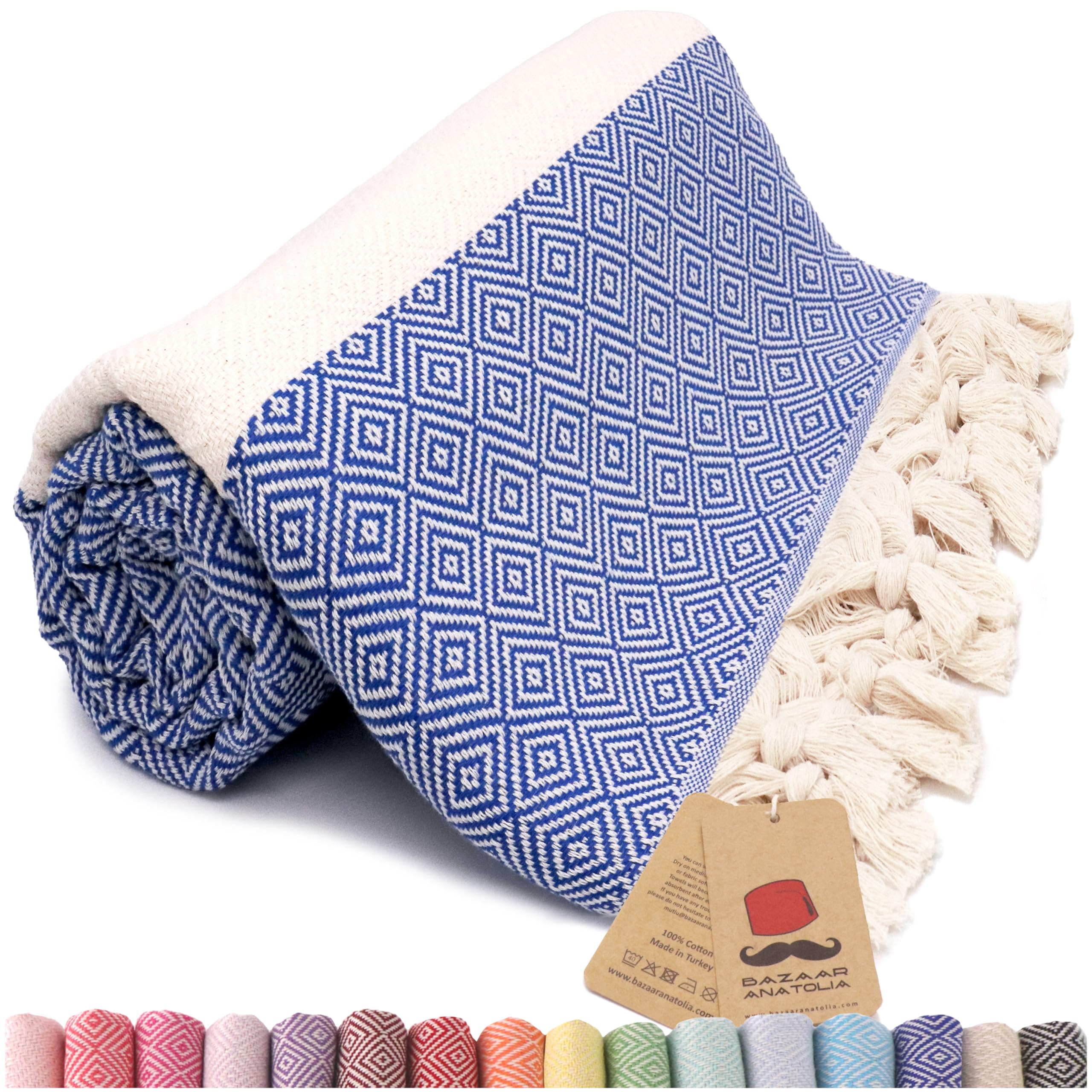 Bazaar Anatolia Turkish Beach Towel 100% Cotton Bath Towels Oversized Fast Dry Boho Farmhouse Decor Sheets Bathroom Sand Free Camping Blanket Royal Navy 71x39 inches - Diamond Dark Blue