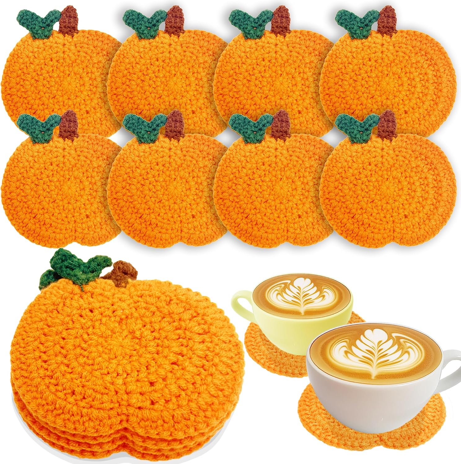 Fall Pumpkin Crochet Coaster 4 Pack, Fall Pumpkin Decor Handmade Knitted Drink Coaster Set, Autumn Decoration Drink Cup Pad Mats for Table Protection, Thanksgiving Home Kitchen Party Table Decor