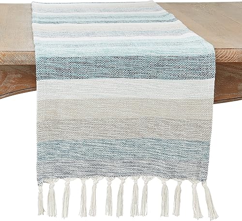 SARO LIFESTYLE Striped Table Runner with Fringe - Woven Cotton Blend Table Runne