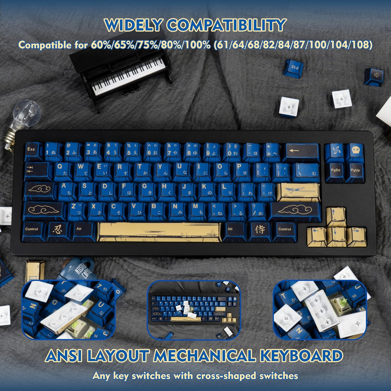 Blue Samurai Manga Japanese Themed Keycaps 130 Keys, Cherry Profile PBT Custom Key Caps Set, Dye Sublimation Keyboard Keycaps for Cherry Gateron MX Switches Mechanical Keyboard