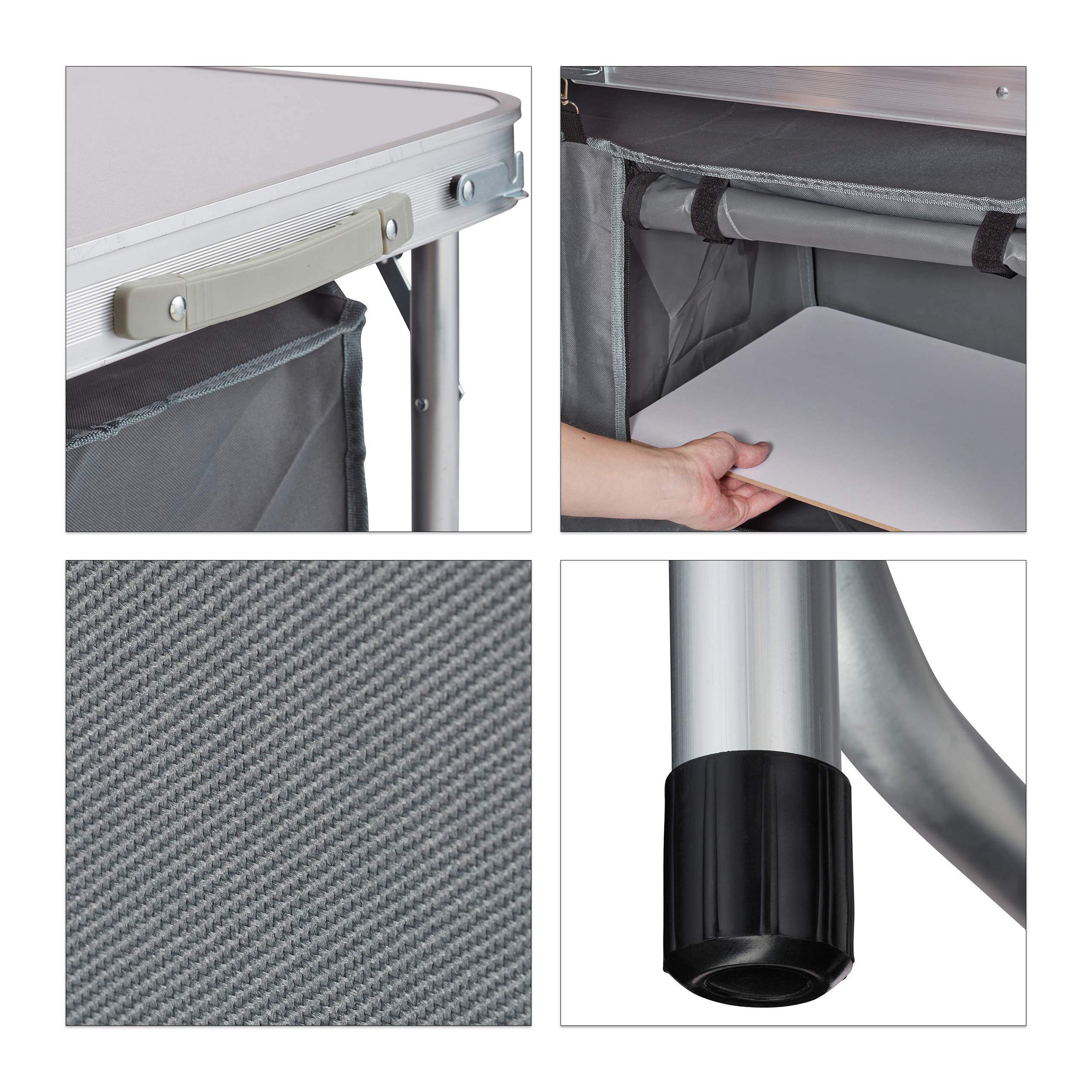Relaxdays Campingtisch klappbar, höhenverstellbar, stabil, Campingschrank, Aluminium & MDF, BxT 120 x 47 cm, Silber/weiß