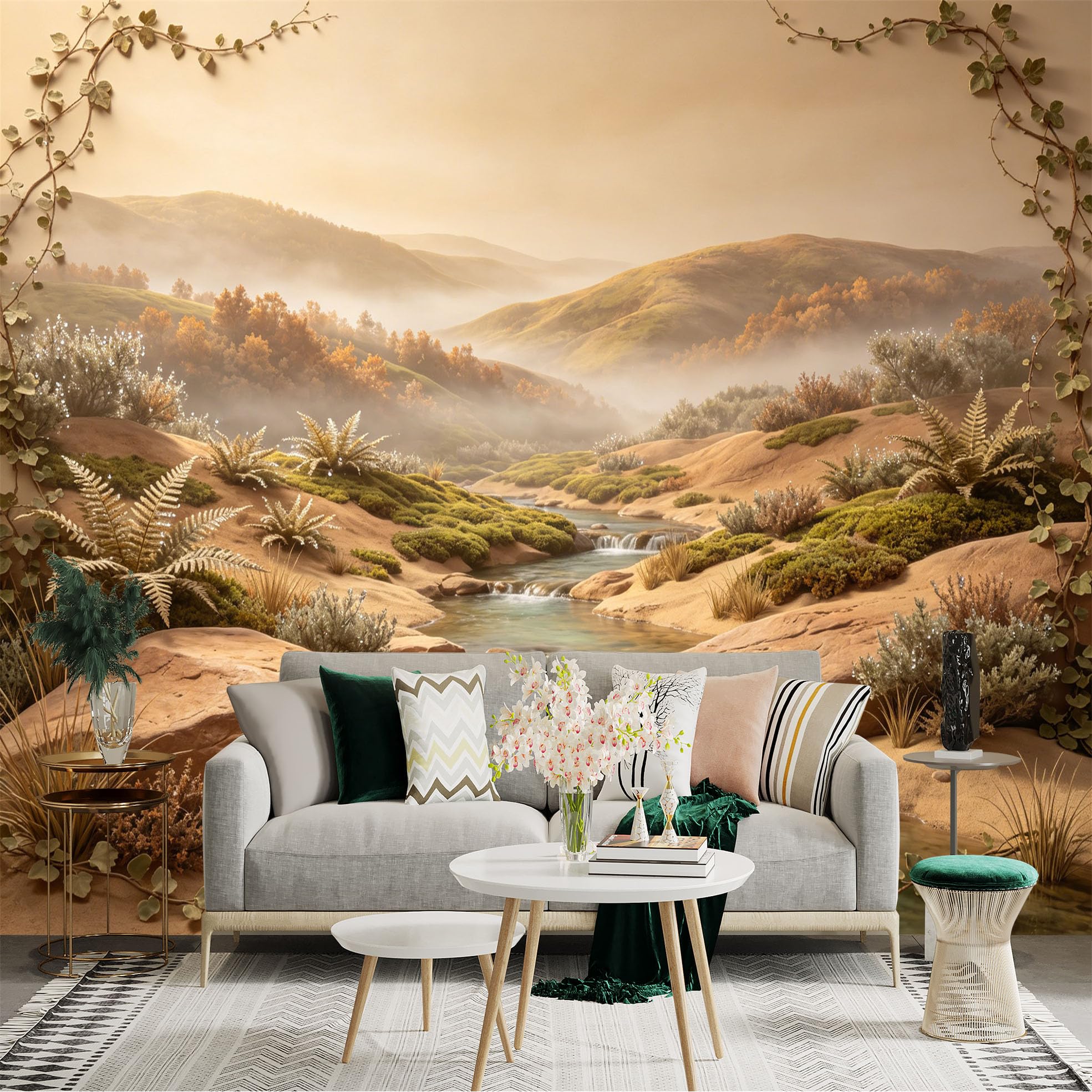 Custom Size Wall Sticker Mural， Golden Valley with Stream， Misty Hills and Autumn Landscape， for wall Decoration， peelandstick wall Decals.