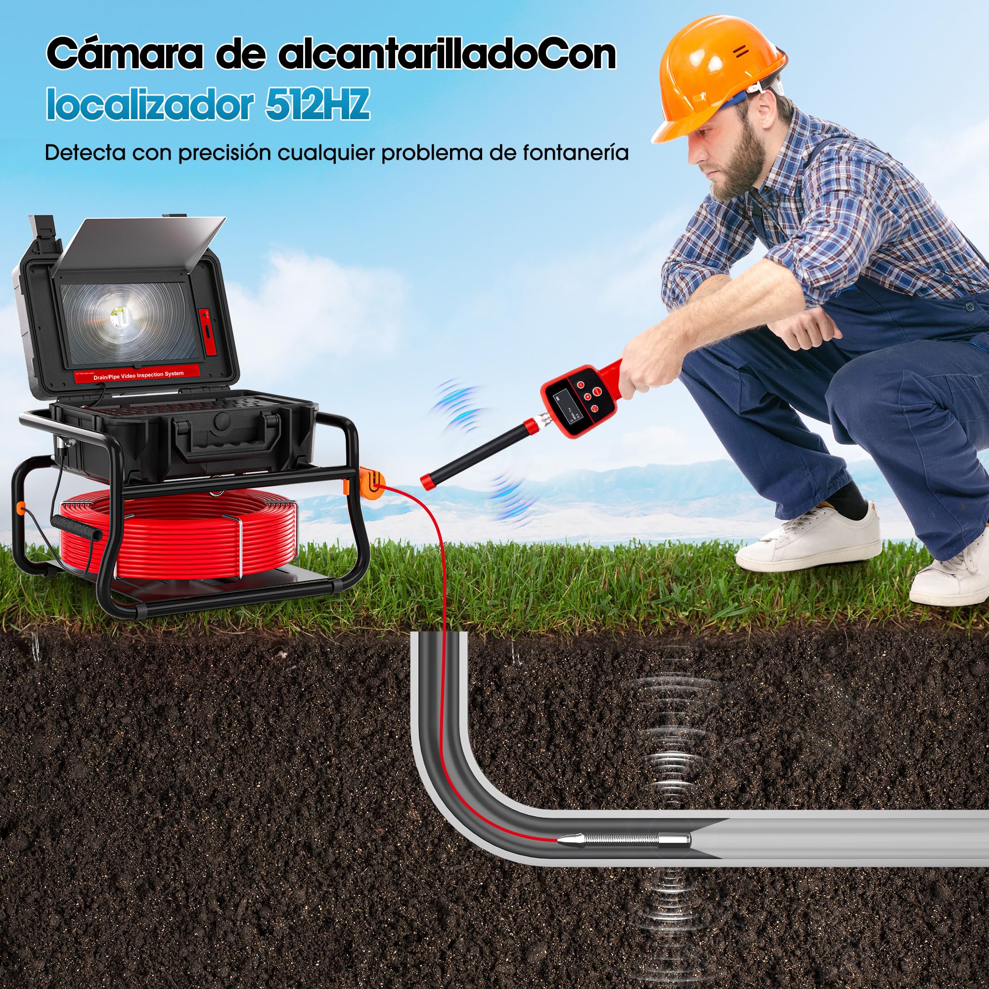 Camara Inspeccion Tuberias con Localizador de 512 Hz, Pantalla Táctil de 10.1 Pulgadas 1080P, Camara Tuberias con Autonivelación y Transmisor, Cámara de Inspección con Grabador de Audio