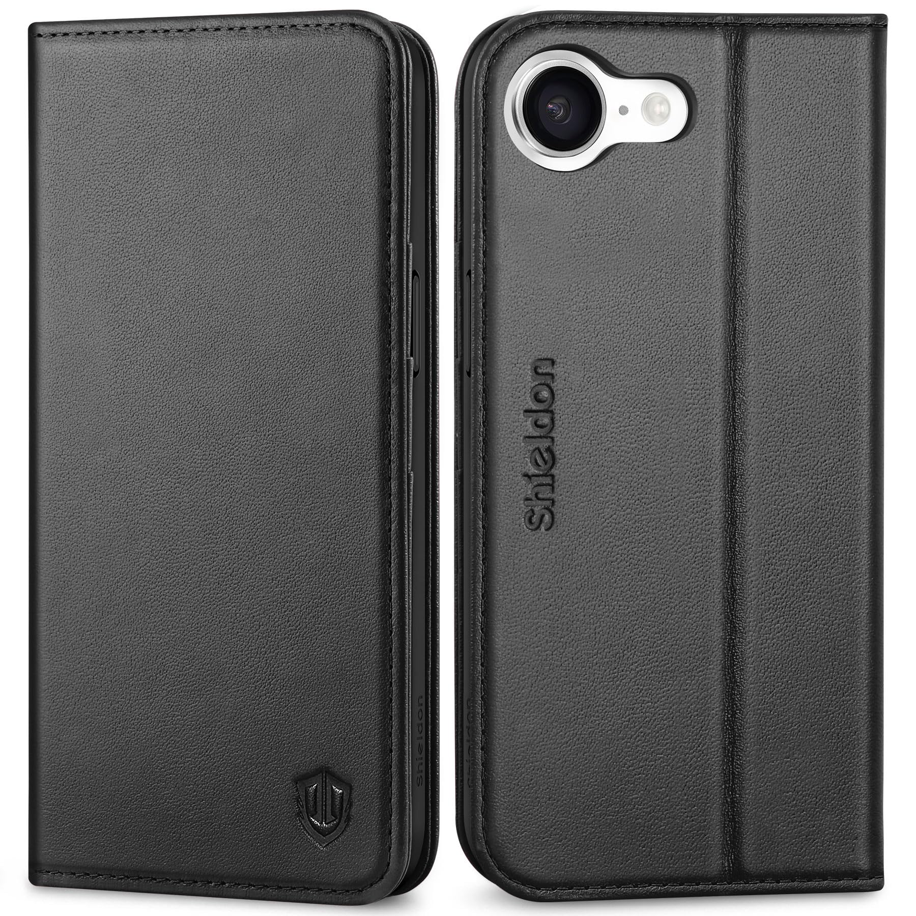 SHIELDON Wallet Case for iPhone 17e & for iPhone 16e 6.1", Genuine Leather RFID Blocking Credit Card Holder Folio Magnetic Kickstand Shock-Absorbent