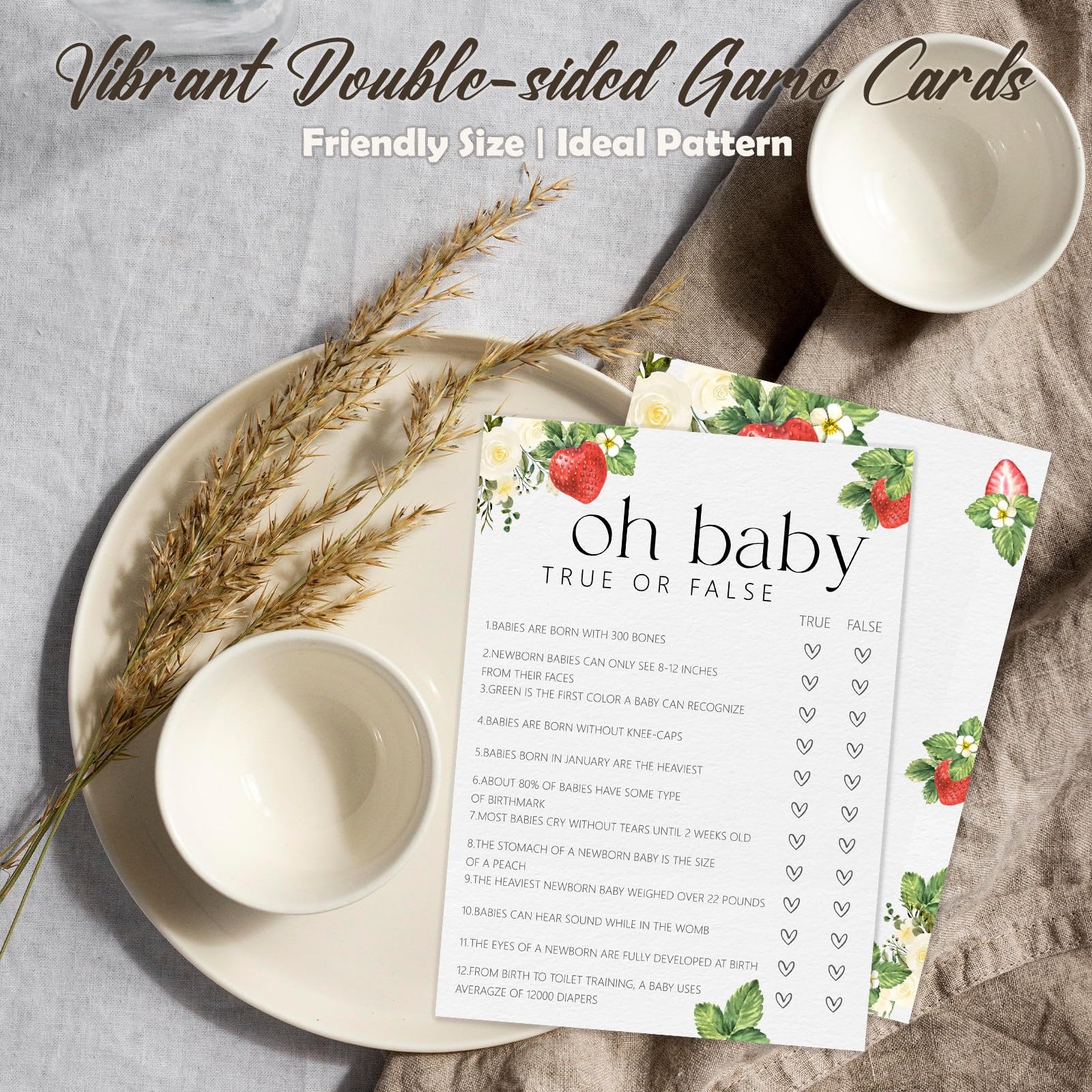 Zabawne gry na baby shower, Oh Baby True or False karty do gry, jagodowe słodkie dekoracje imprezowe upominki pomysły -30 szt., 12,7 x 17,8 cm - H01