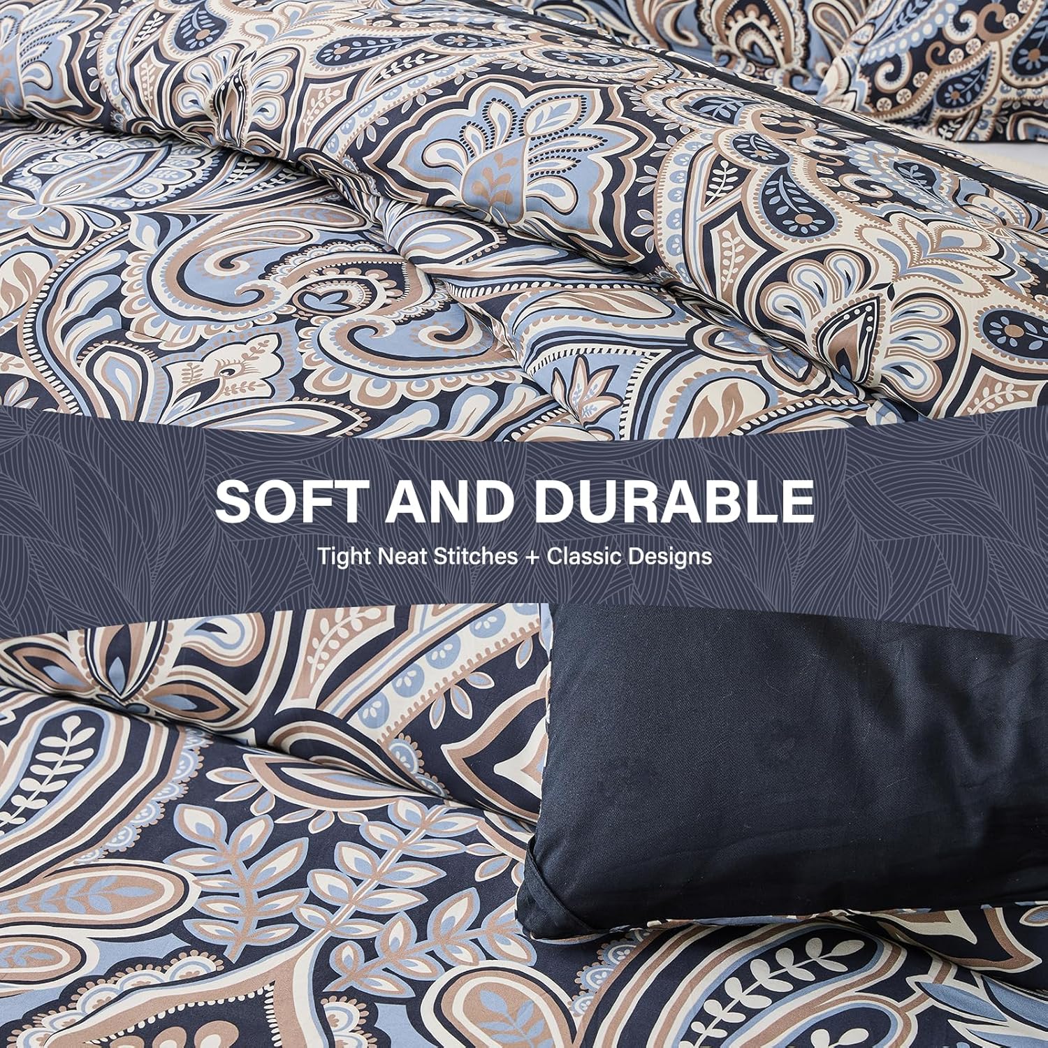 SahSahCasa Cotton Comforter Set Queen Size, Paisley Queen Comforter Bedding Set, Damask Floral Pattern Fluffy Quilted All-Season Luxury Soft Comforter Bed Set, Duvets and Down Alternative, Black - Image 6