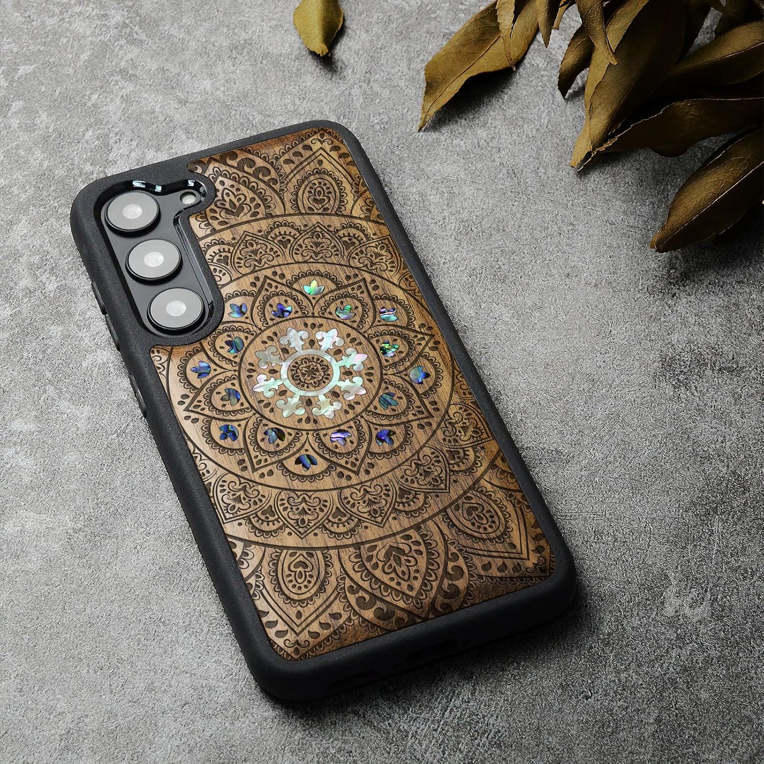 Carveit Designer Wooden Case for Samsung Galaxy S23 Plus Cover [Wood Engraving & Shell Inlay] Compatible with Wireless Chargers S23 Plus Case (Mandala Floral-Walnut)