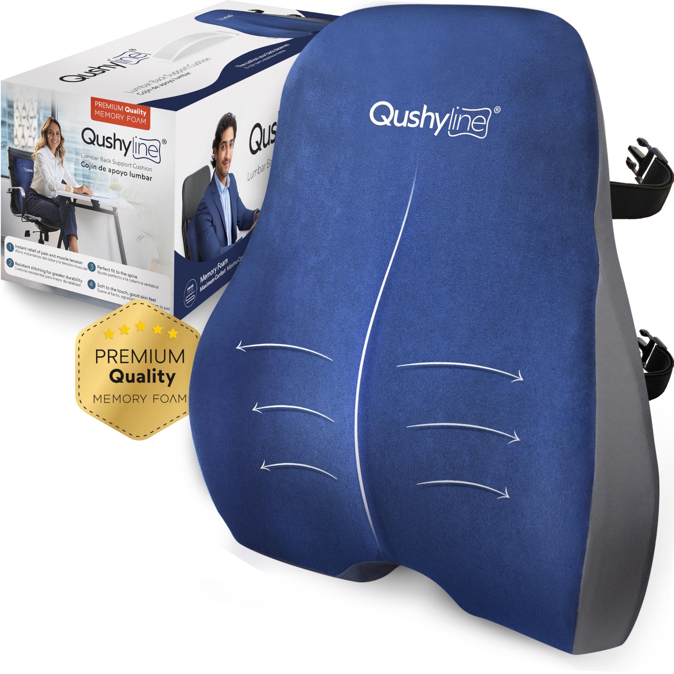 QUSHYLINE - Cojin Lumbar Silla Oficina Ergonomico, Alivia el Dolor Espalda, Respaldo Lumbar Silla Oficina Viscoelástico, Cojin Silla Oficina Respaldo Asiento Coche Almohada Lumbar y correas ajustables
