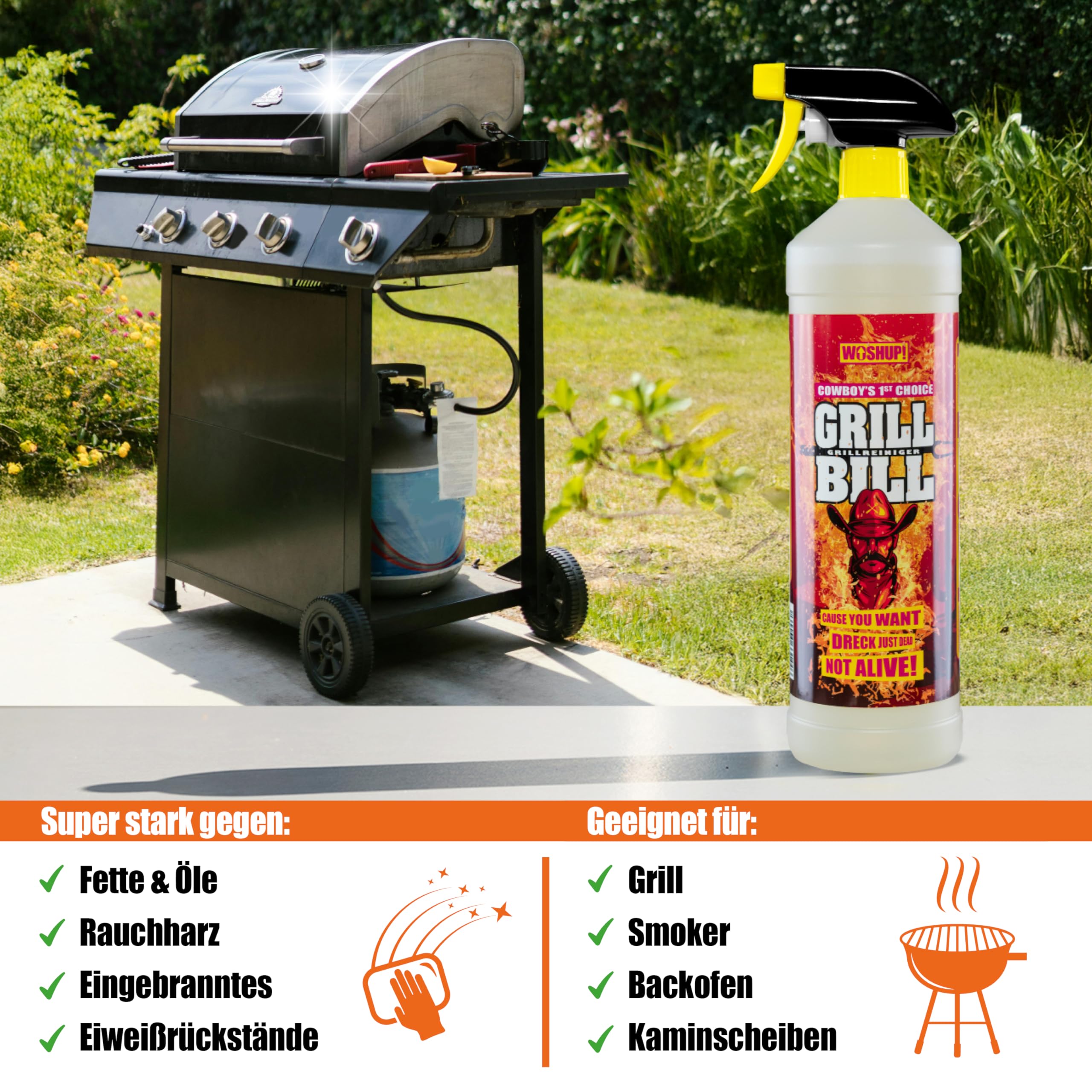 Grill Bill Grillreiniger in Industriequalität 1000 ml für Gasgrill und Holzkohlegrill, Smoker und Backofen - Entfernt Eingebranntes Ruß Schmutz und Fett (2x1 Liter)