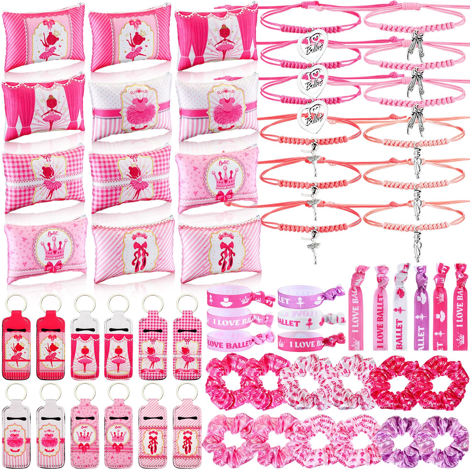 Clysee 60 Pcs Ballerina Party Favors for Girls Ballet Dance Gift Set with Makeup Bags, Adjustable Bracelets, Hair Ties, Keychains, Elastic Scrunchies