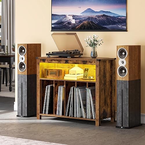 Miniatura 5 de YITAHOME Soporte grande para tocadiscos con tomas de corriente y luces LED, mesa de almacenamiento de discos de vinilo con estante de exhibición con