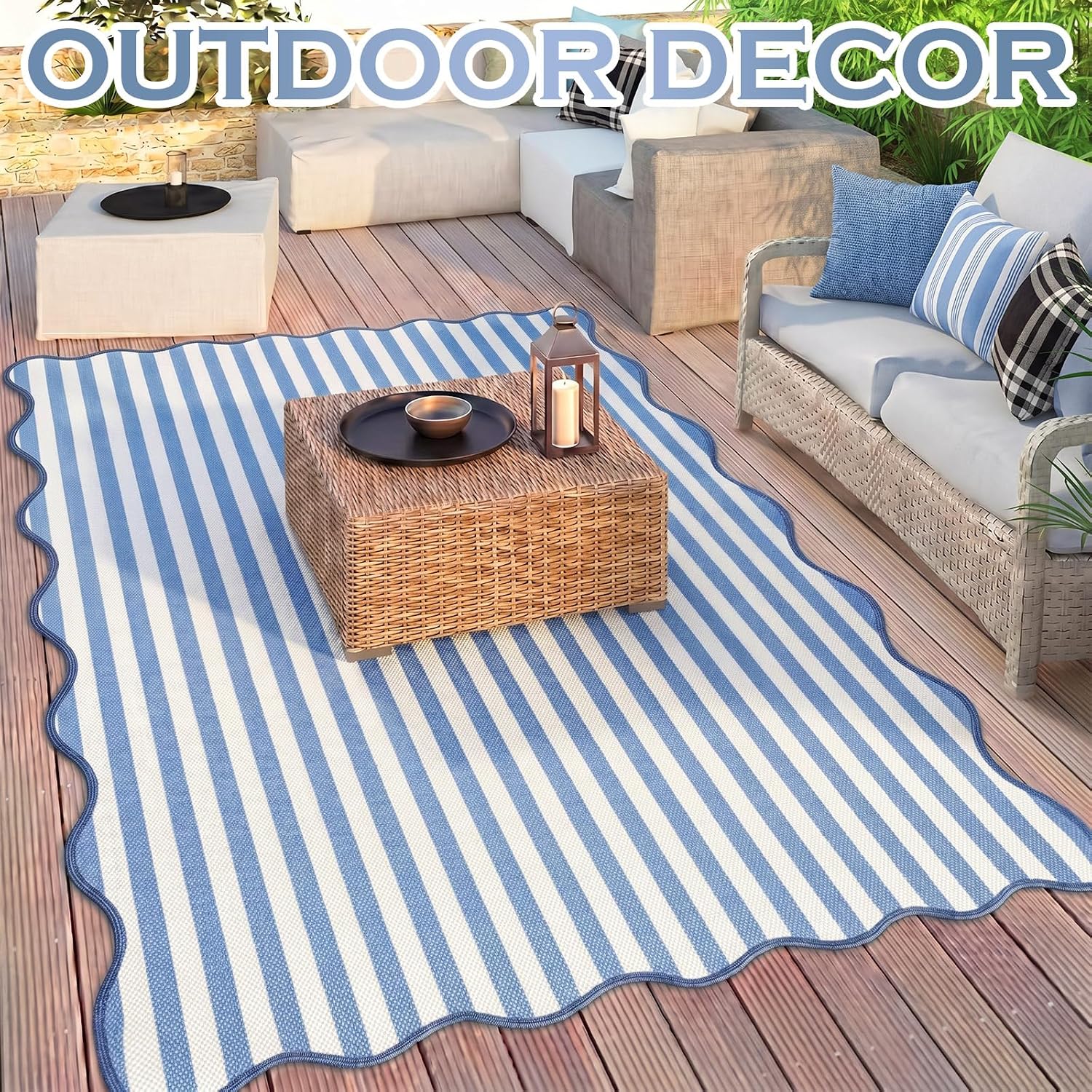 Blue Scalloped Outdoor Plastic Straw Rugs 5x8 ft Reversible Camping Rug Waterproof Striped Patio UV Resistant Mat Foldable Indoor Outdoor for Outside Beach Pool Patio Backyard Deck