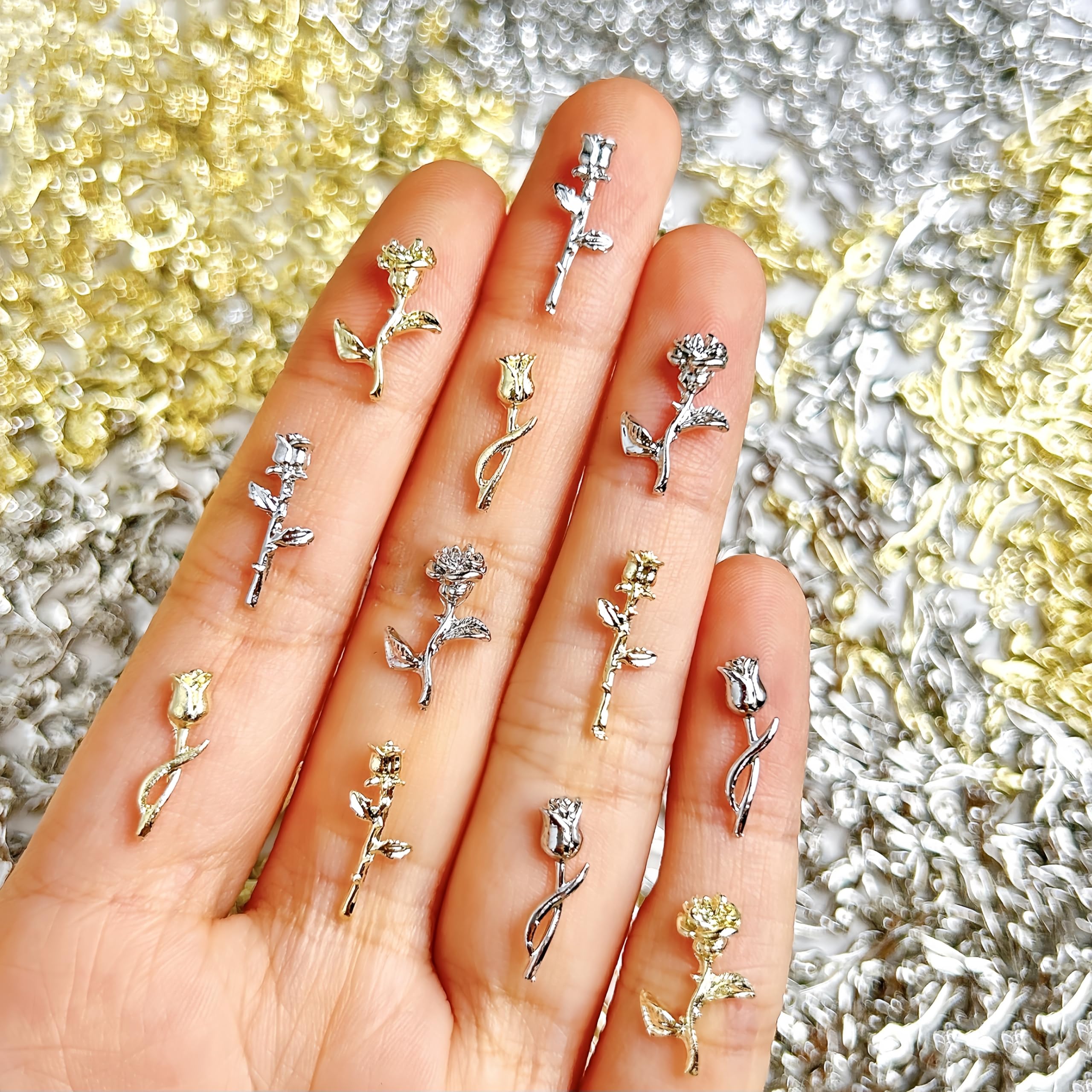 120Pcs Valentines Alloy 3D Metal Rose Nail Art Charms Mixed Styles Gold Silver Roses Flowers Alloy Nail Rhinestone Rose Flower Nail Jewels Nails Supplies for Women DIY Nail Design Craft Jewelry Making