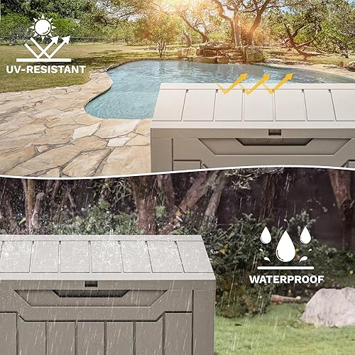 Miniatura 5 de DWVO Caja de almacenamiento para exteriores de 30 galones, caja de resina resistente a la intemperie con cerradura para muebles de patio, accesorios