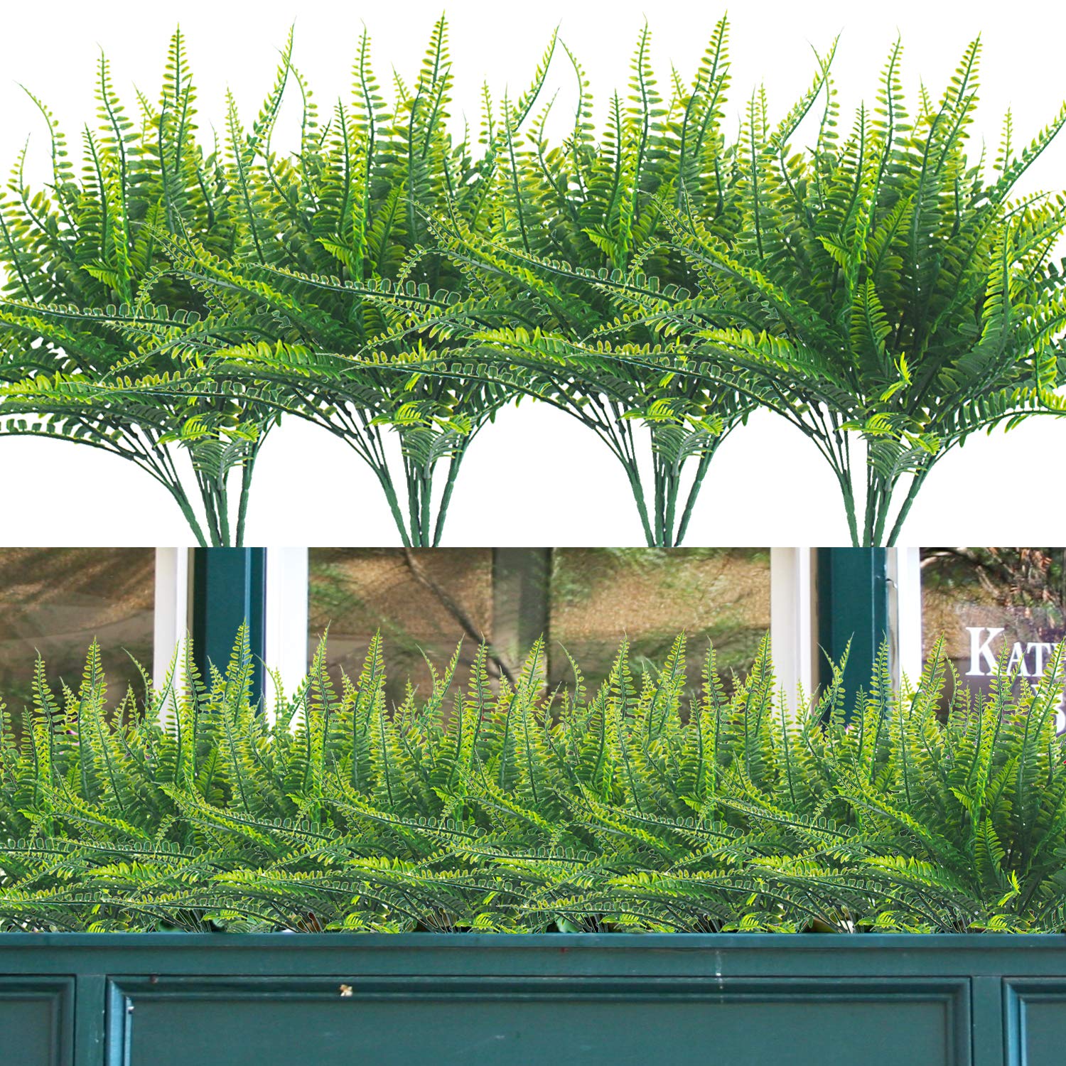 Artificial Plants, 12 Bundles Fake Boston Fern Greenery Outdoor UV Resistant Plastic Flowers Indoor Outside Hanging Planter Home Garden Decor
