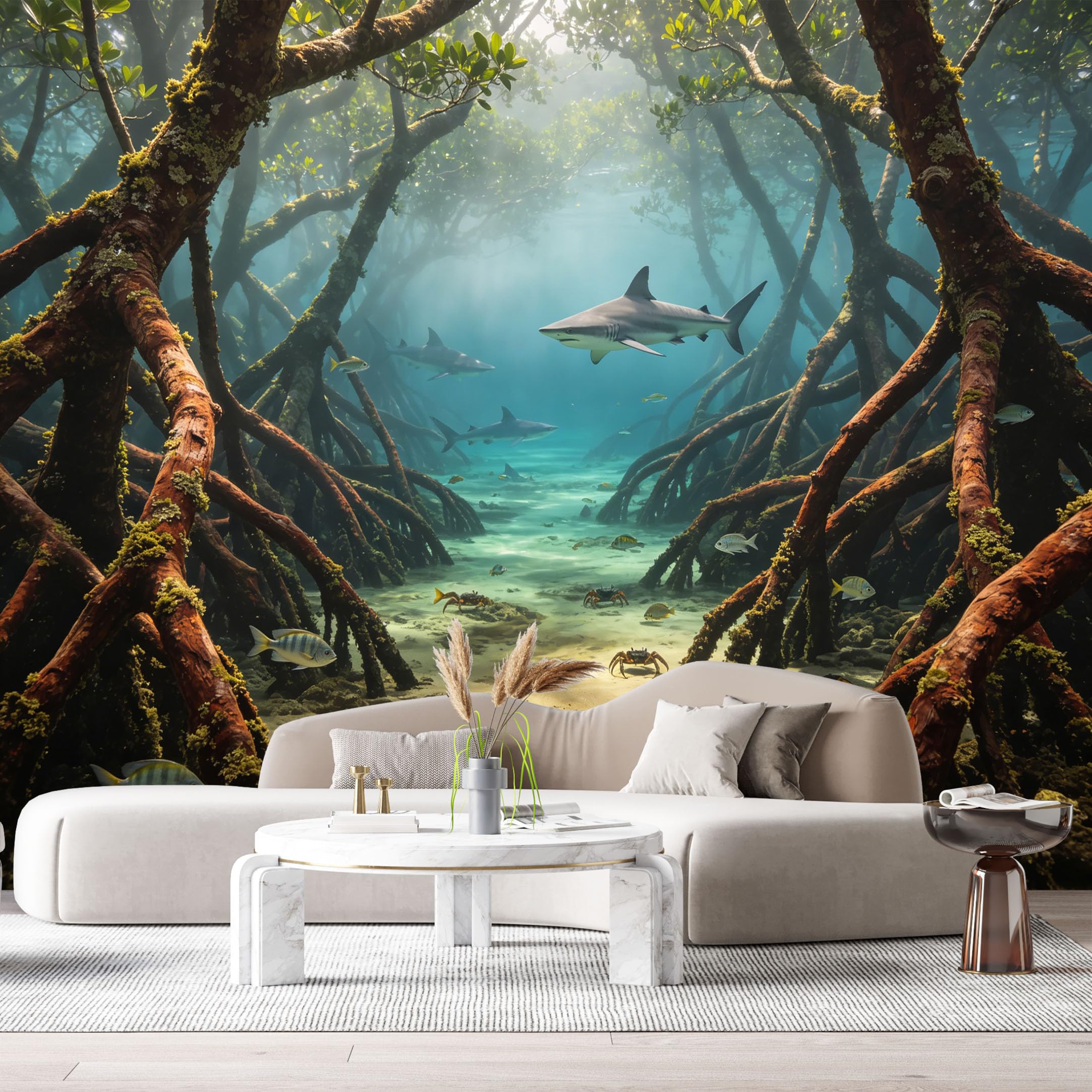 Custom Size Wall Murals Underwater Mangrove Forest Marine 3D Shark Crabs SelfAdhesiveWall Fabric Removable Wallpaper Wall Decor for Living Room Bedroom Bathroom
