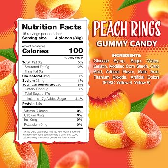 Peach Rings Gummy Candy, Classic Sweet & Sour Candy, 1 Lb Bag