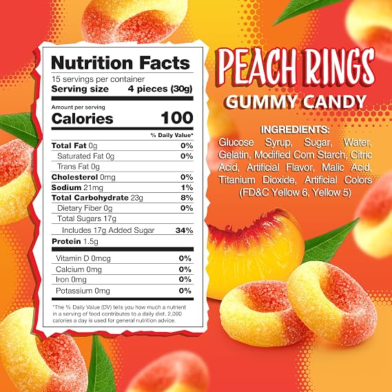 Peach Rings Gummy Candy, Classic Sweet & Sour Candy, 1 Lb Bag