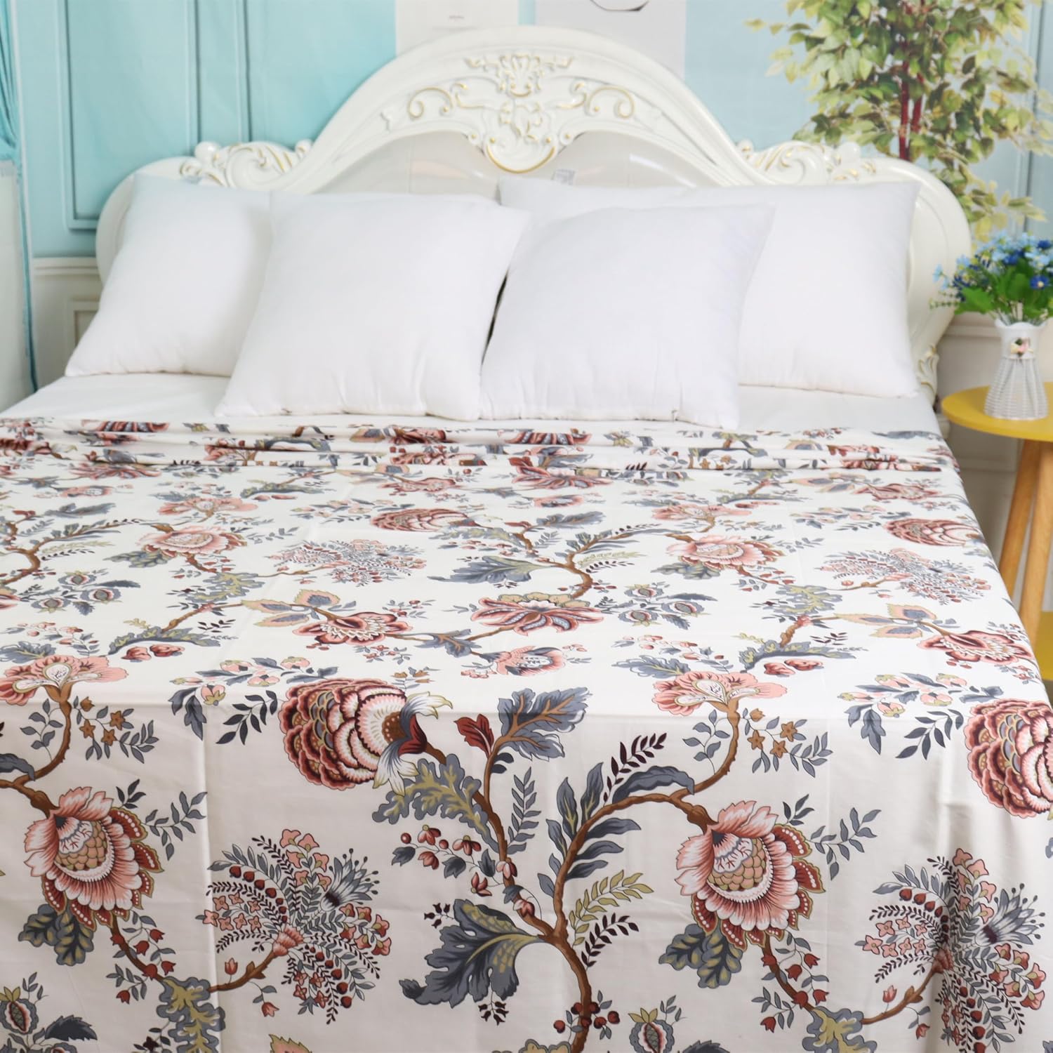 White California King Flat Sheets Floral Printed Cotton Top Sheet, Luxury and Soft Bedding Flat Sheet Easy Care