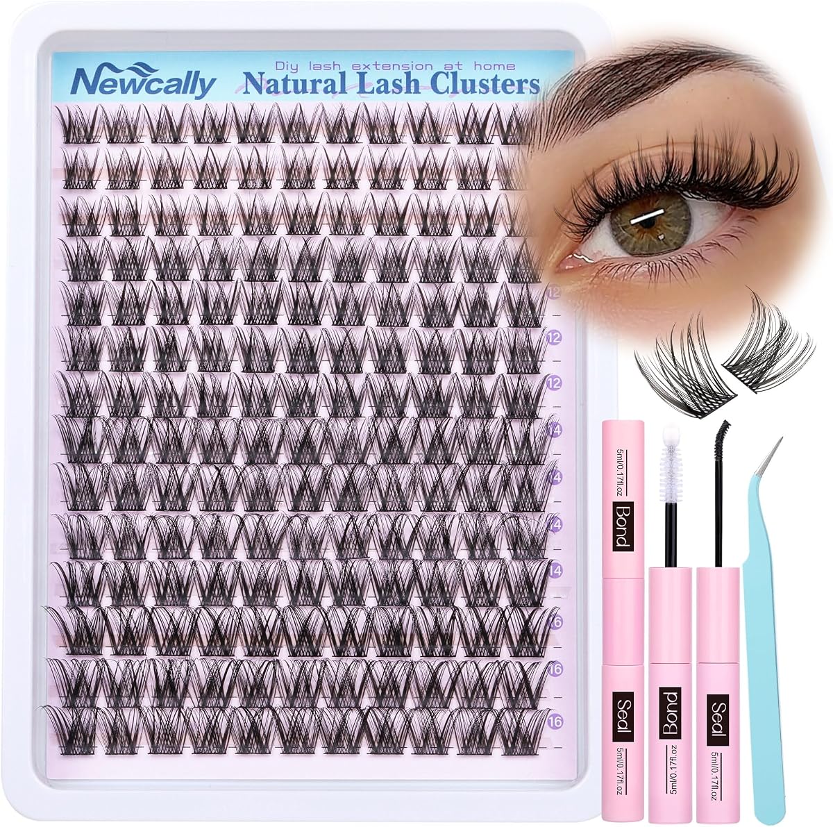 Lash Clusters Kit Wispy Natural Cluster Eyelash Extension Kit DIY Lash Extension Kit C-curly 10-16MM Eyelash Clusters Volume Individual Lashes Kit by Newcally