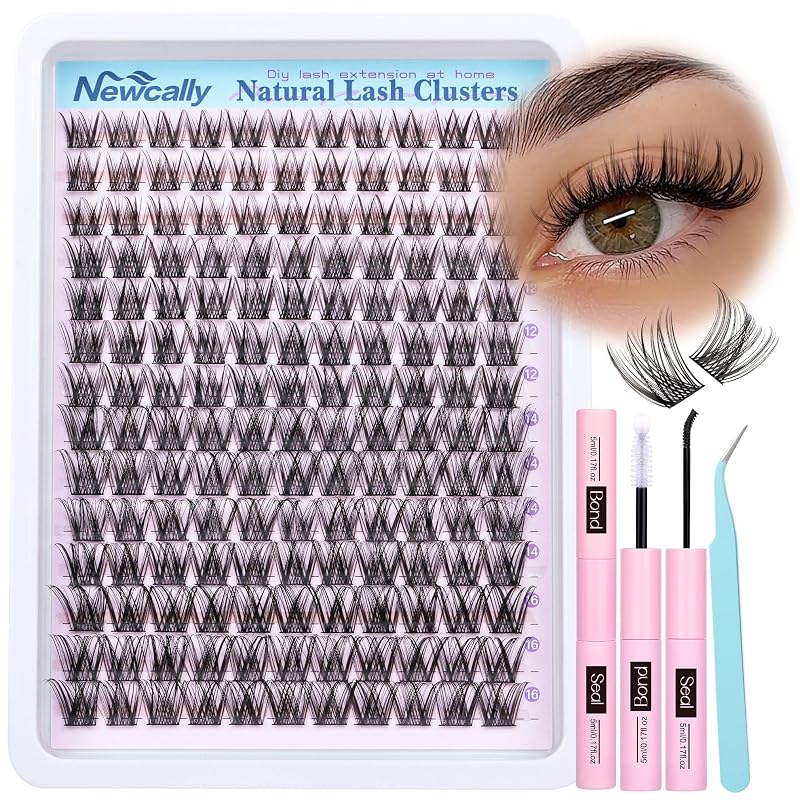 Kit de cílios postiços em tufos Newcally, curvatura C, 10–16 mm, com cola e pinça