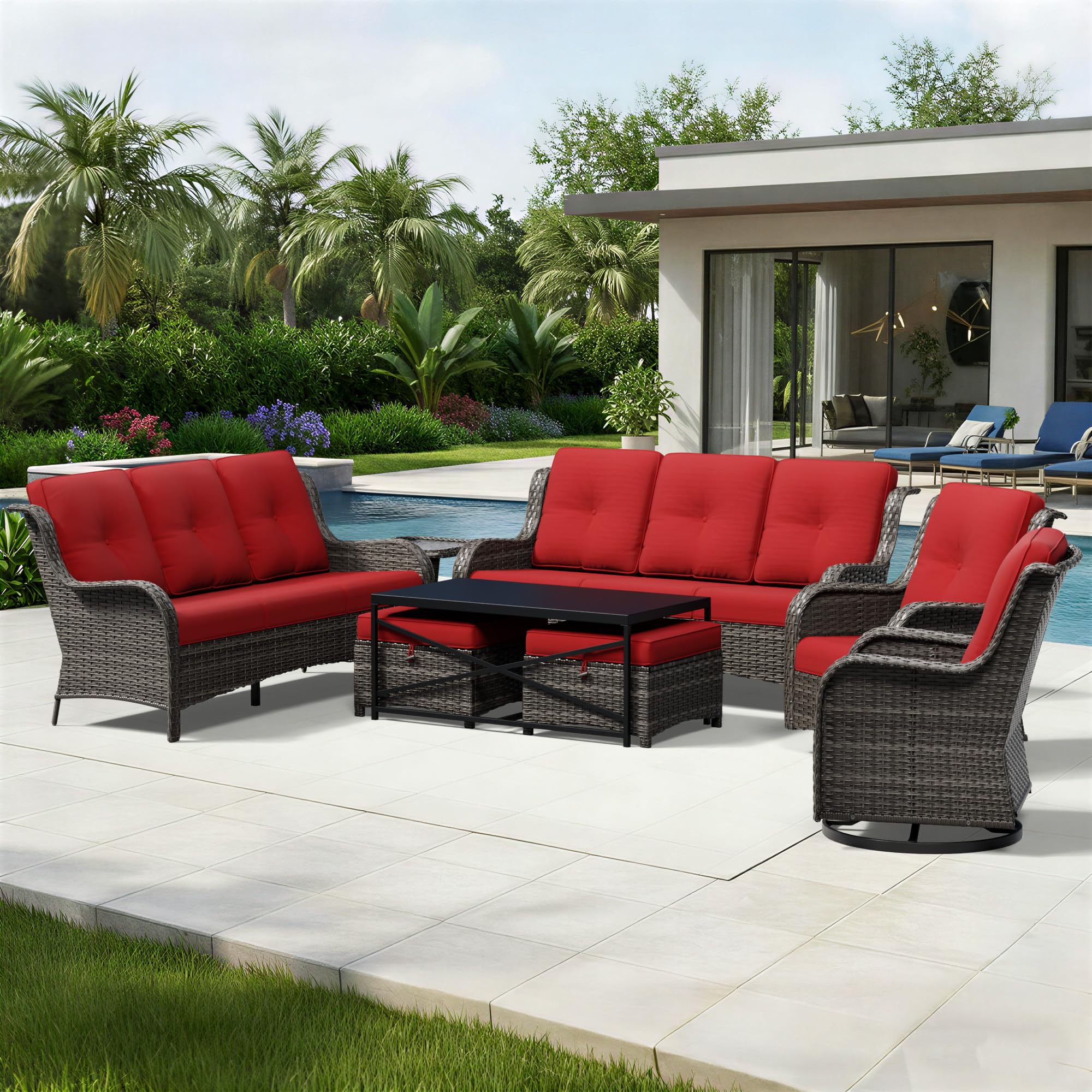 Joyside 8 Piece Wicker Patio Furniture Set, Outdoor Swivel Rocker Patio Chairs with High Back, Deep Seating, Wide Armrest, Thickened Cushions, Outdoor Furniture for Deck, Porch Use