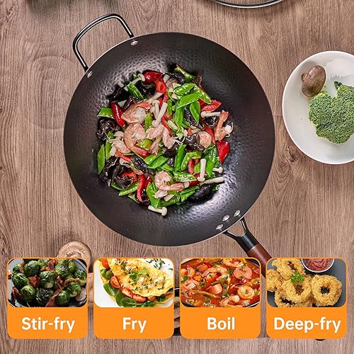 Miniatura 3 de WANGYUANJI Wok de hierro, wok chino de 13.4 pulgadas con tapa, sartén de fondo plano, sin productos químicos para todas las estufas, wok de hierro