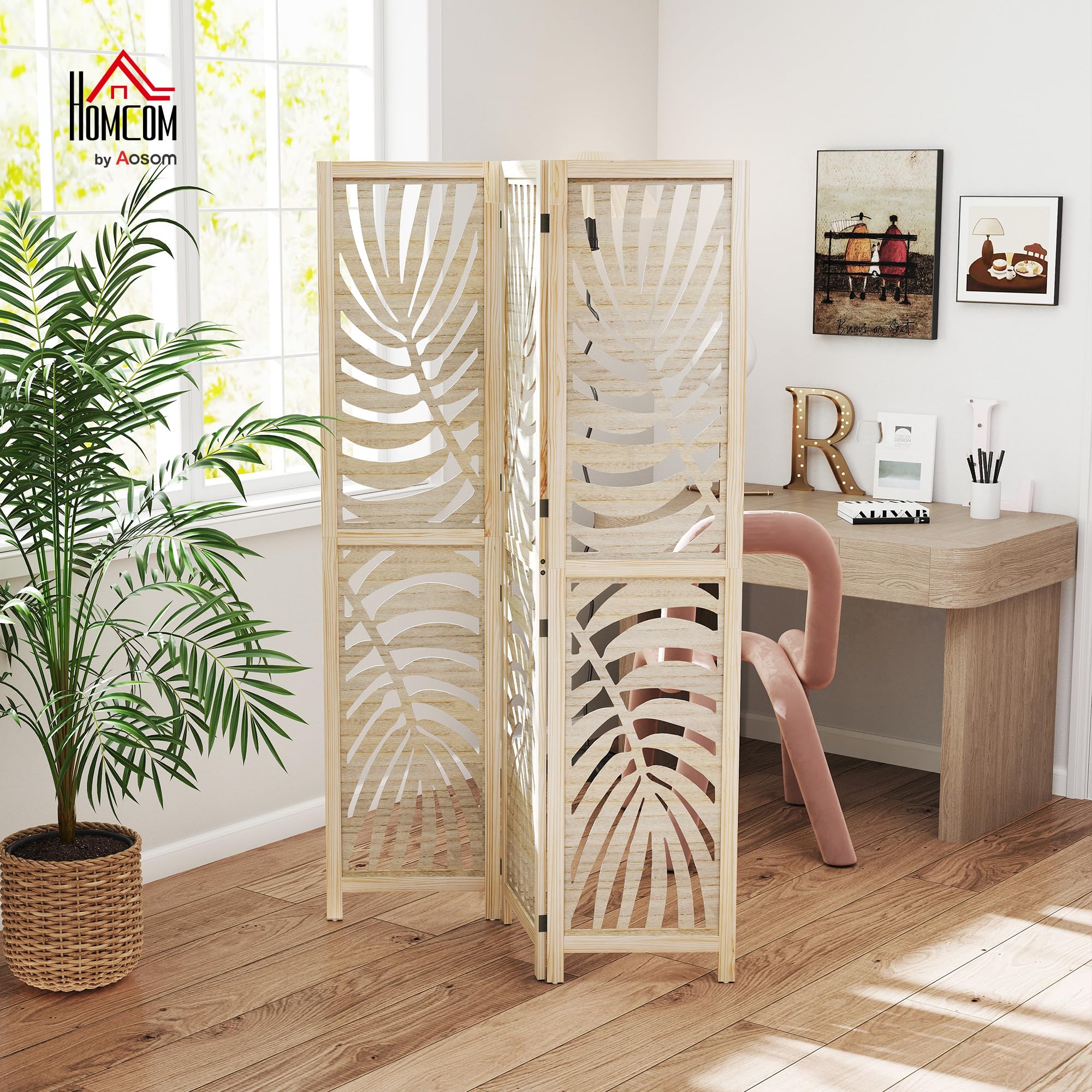 HOMCOM Biombo de 3 Paneles Separador de Ambientes Plegable 120x170 cm con Estampado de Hojas de Palma Tropical Biombo Separador de Ambientes para Salón Dormitorio Oficina Natural