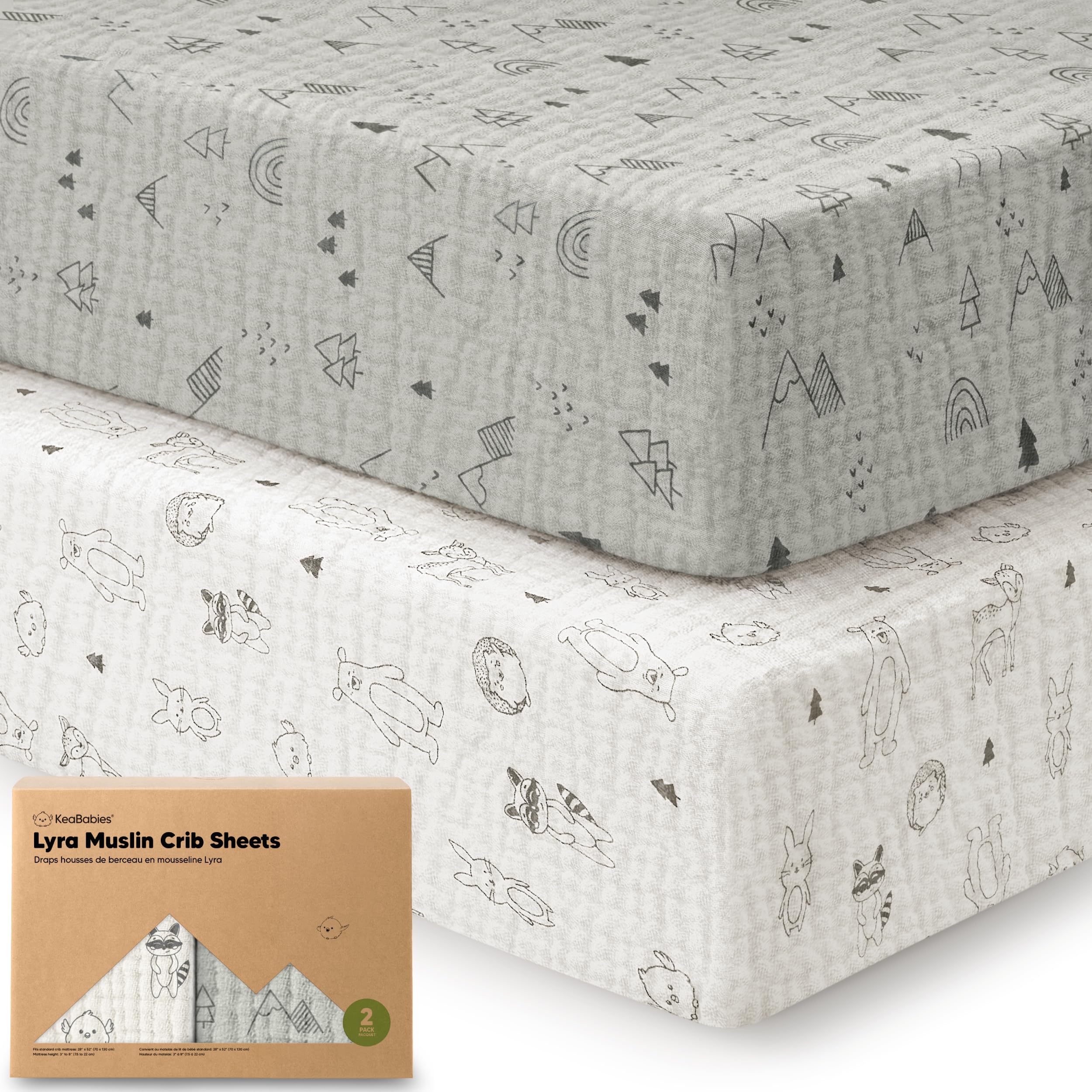 KeaBabies Confezione da 2 lenzuola in mussola per culla per bambini e bambine, in 100% cotone biologico, morbide, traspiranti, standard, neutre, resistenti, 132 x 71 cm (bosco)