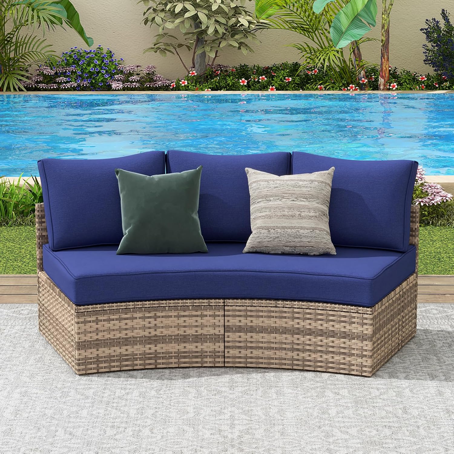PaPaJet 3-Piece Patio Furniture Set, Half-Moon Wicker Sectional Sofa with Cushions, Waterproof Rattan Outdoor Conversation Set for Beach, Pool, Garden & Balcony, Blue