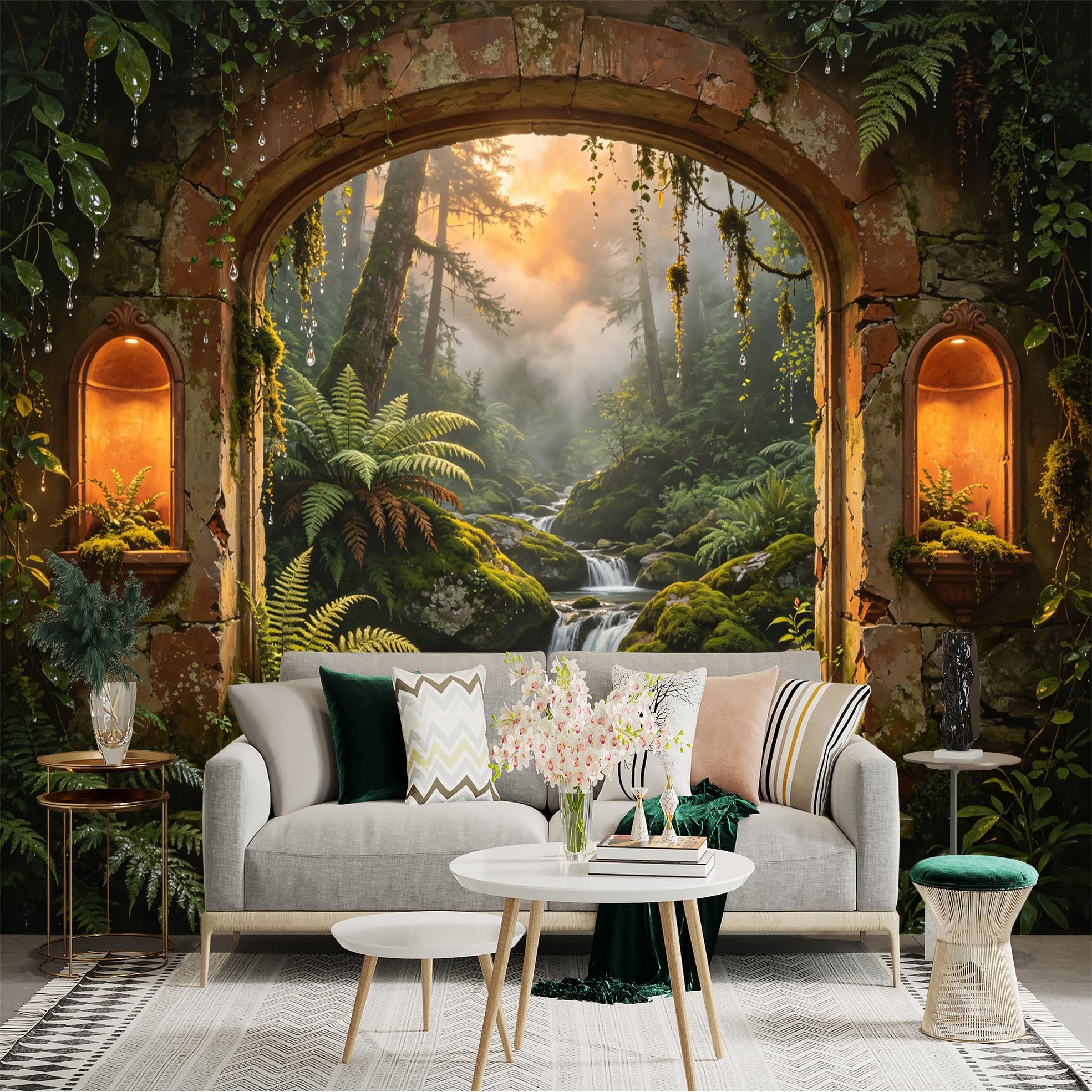 Custom Size Wall Sticker Mural， Enchanted Forest Waterfall with Stone Arch and Lush Greenery， for wall Decoration， peelandstick wall Decals.